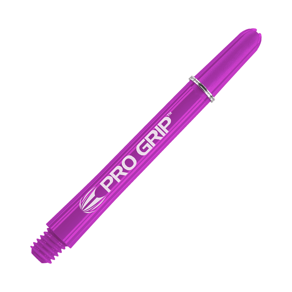 Target Pro Grip Shafts – 3 sady – fialová Das Bild zeigt einen lilafarbenen Dart-Schaft mit der Aufschrift "Pro Grip". Der Schaft ist 48 mm lang und hat ein glänzendes, glattes Design.