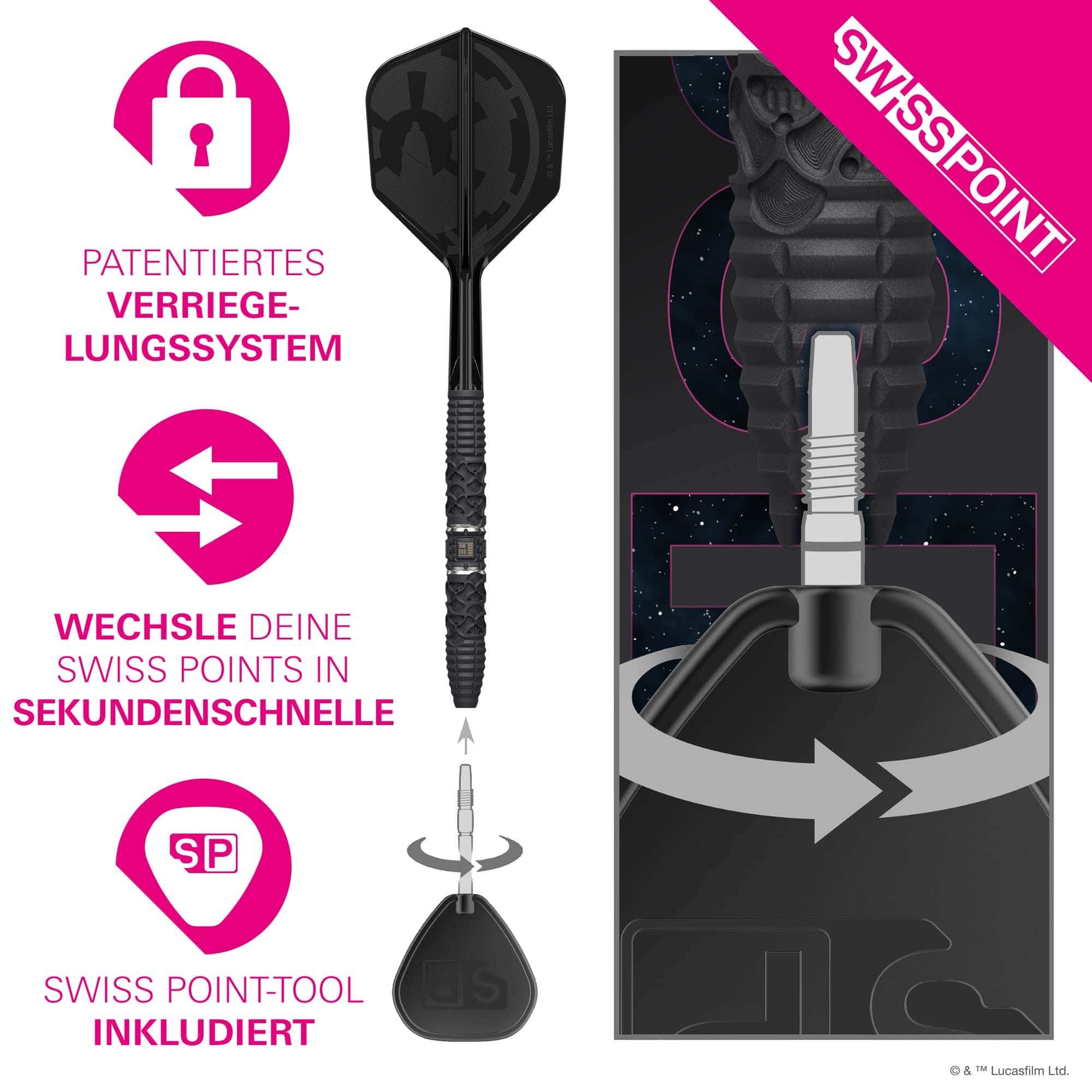 Ocelové šipky Target Star Wars Darth Vader 95 Swiss Point Dieses Bild zeigt die Target Star Wars Darth Vader 95 Swiss Point Steeldarts. Die Darts sind im Star Wars Design mit Darth Vader-Motiv gestaltet.