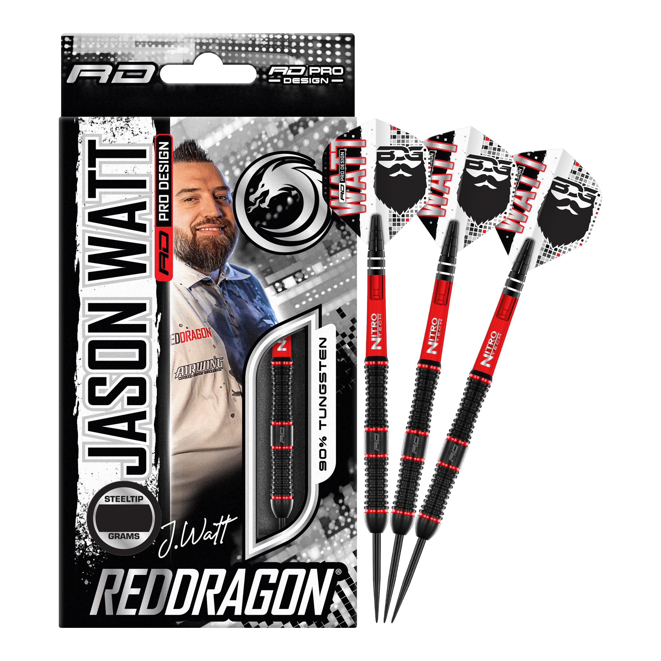Ocelové šipky Red Dragon Jason Watt - 22g Das Bild zeigt das Produkt "Red Dragon Jason Watt Steeldarts - 22g" in seiner Verpackung. Rechts daneben sind drei Steeldarts mit schwarzem und rotem Design zu sehen.