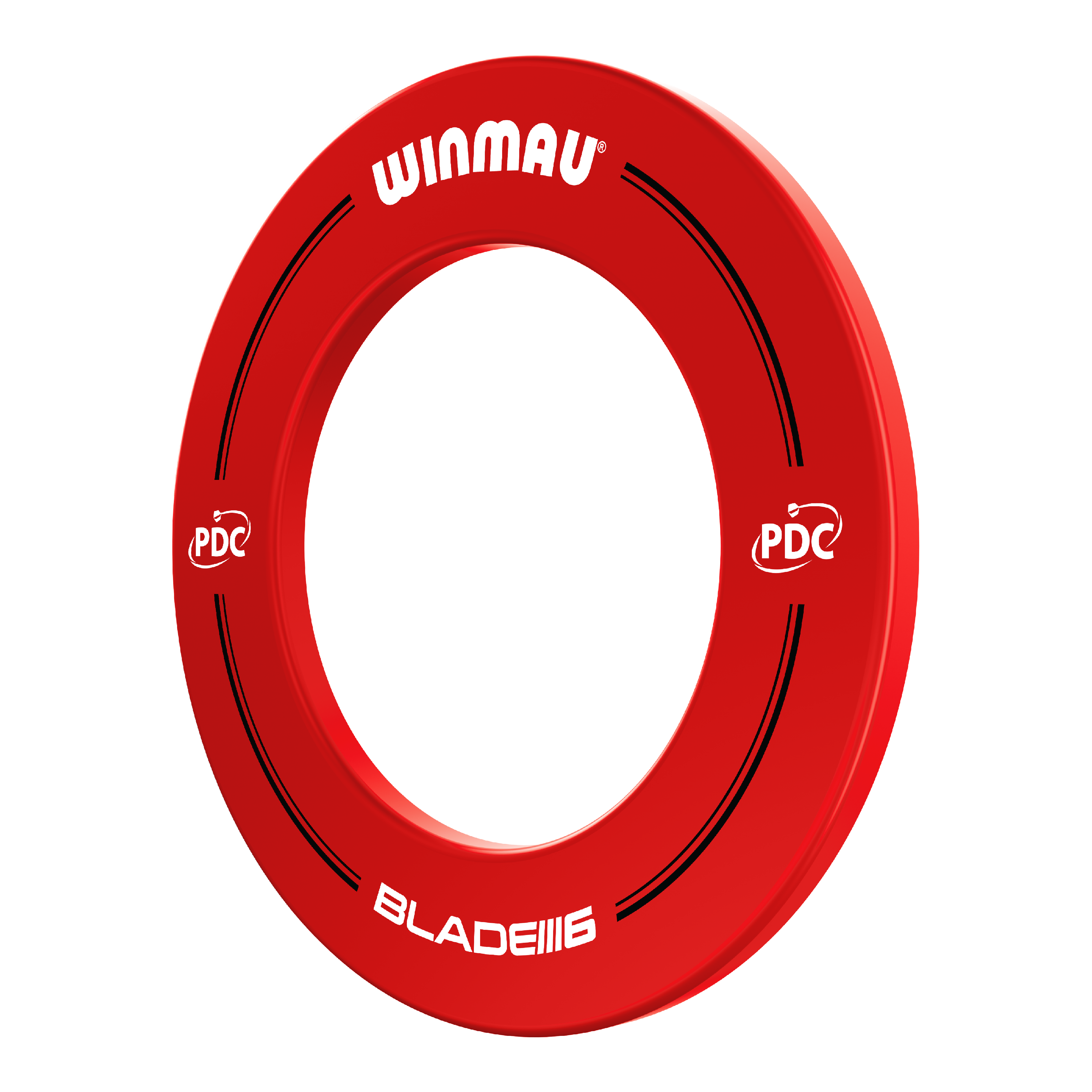 Kryt terče Winmau PDC - červený Das Bild zeigt einen roten Winmau PDC Dartboard Surround. Auf dem Ring stehen die Wörter "Winmau", "PDC" und "Blade 6".