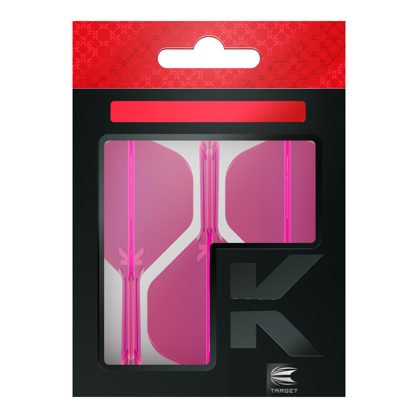 Standardní letový systém Target K-Flex No2 - neonově růžový Das Bild zeigt eine Packung mit pinkfarbenen Dart-Flights der Marke Target. Die Verpackung ist überwiegend schwarz mit einem roten oberen Abschnitt.
