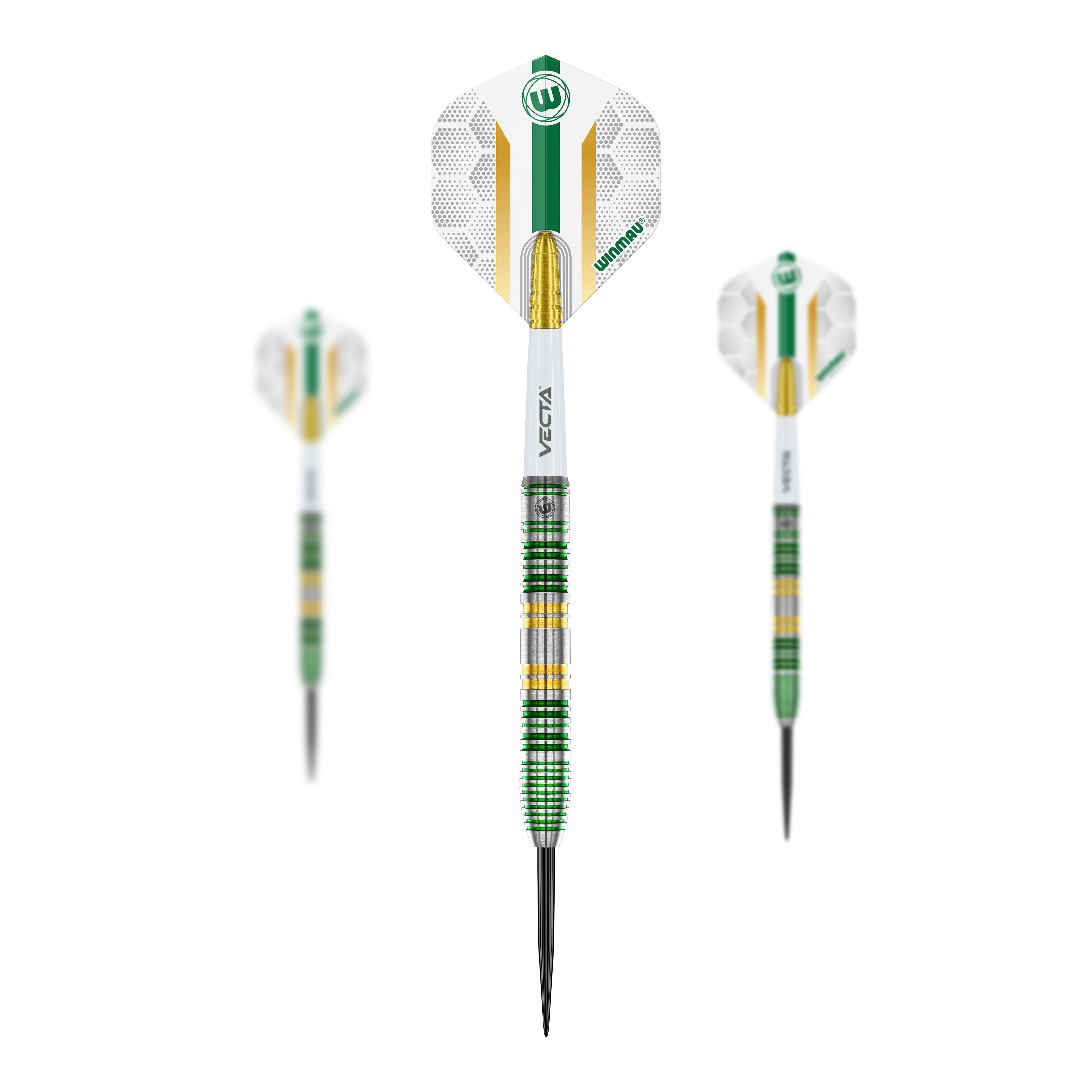 Winmau Xenon Steeldarts Das Bild zeigt drei Winmau Xenon Steeldarts mit weiß-grünen Flights und gestreiften Schäften. Die Darts haben goldene, grüne und silberne Akzente.