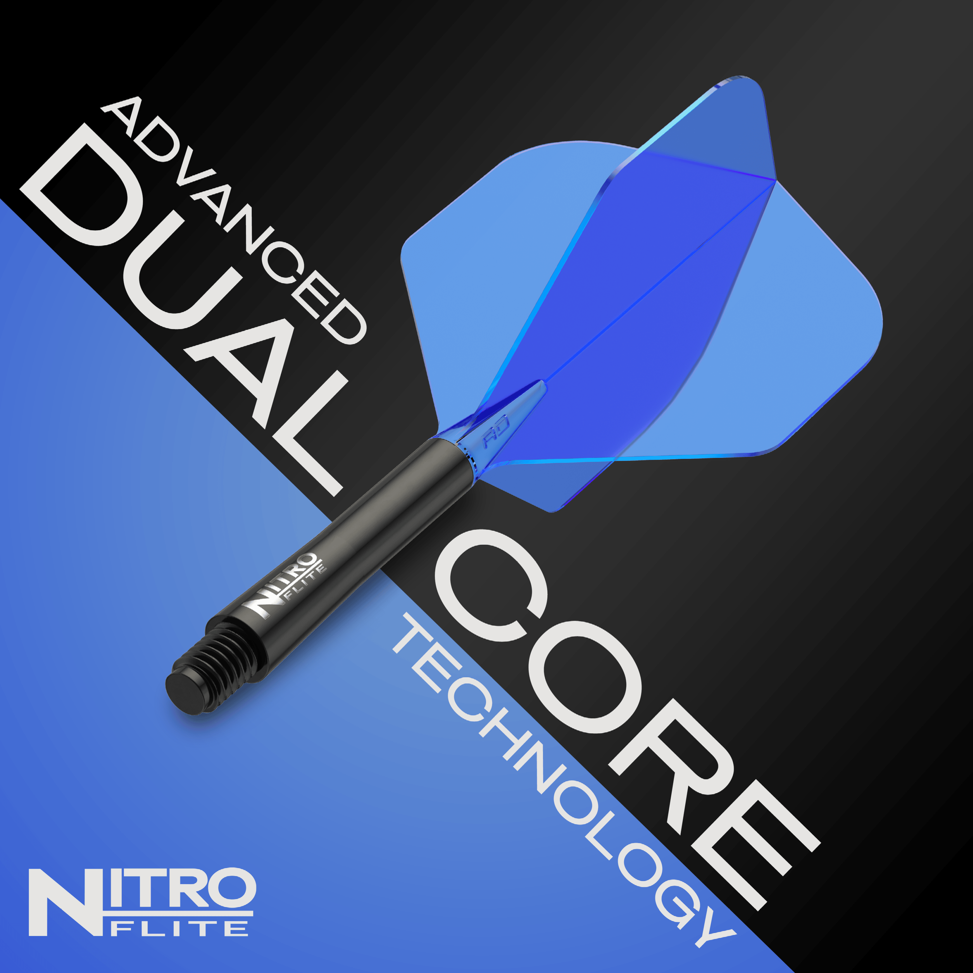 Red Dragon Nitroflite - Black Shaft Blue No. 2 Flights Das Bild zeigt ein Dart mit einem schwarzen Schaft und blauen Flights der Marke Nitroflite. Es hebt die fortschrittliche „Dual Core“-Technologie hervor.