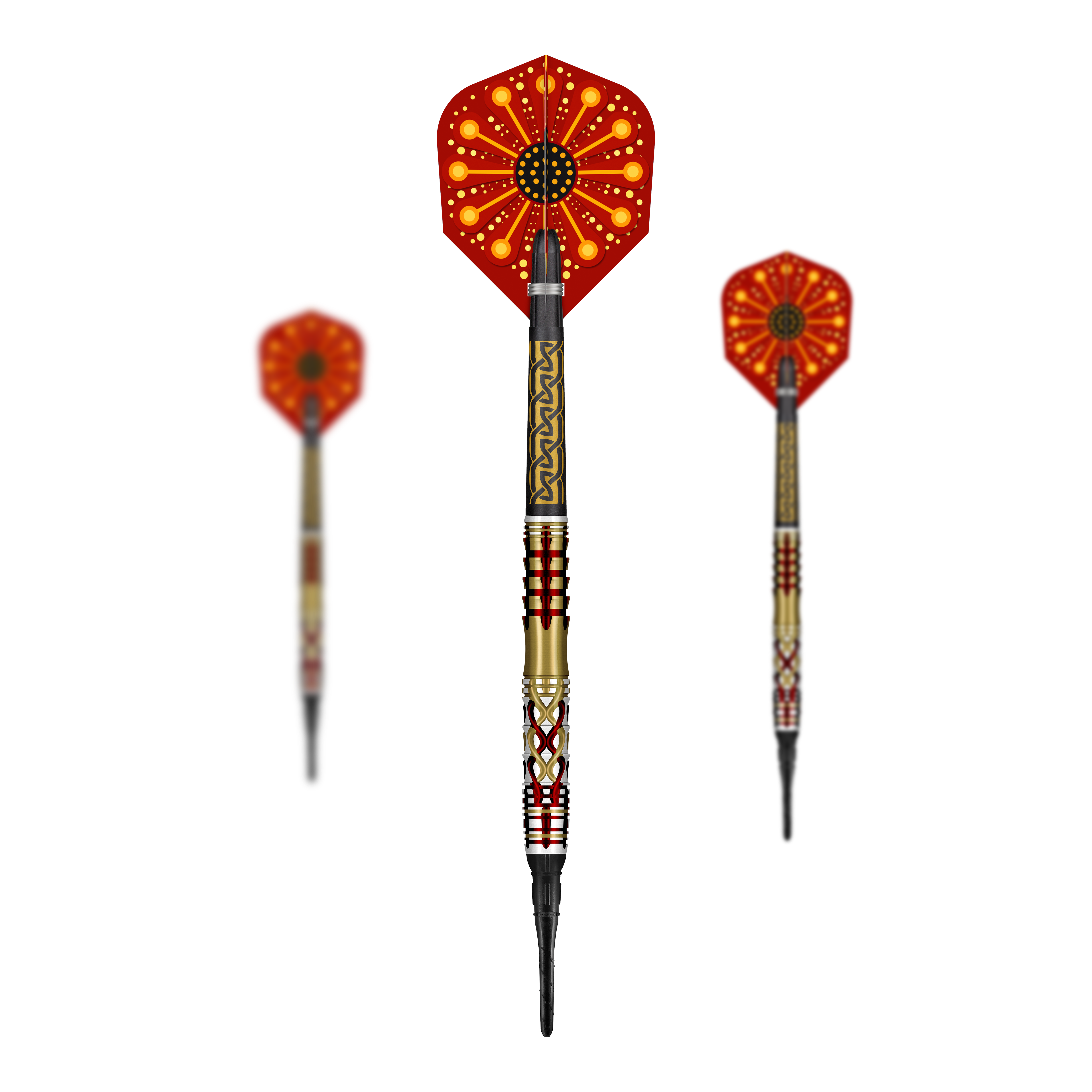 Měkké šipky Shot Goths Alaric - 20g Das Foto zeigt ein Set der Shot Goths Alaric Softdarts mit 20g. Die Darts sind zusammen als komplettes Set dargestellt.