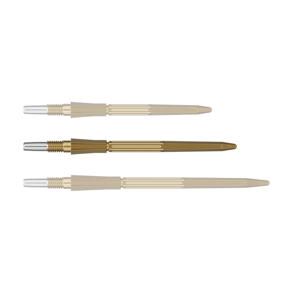 Abgebildet ist eine einzelne goldene Dartspitze. Die Dartspitze gehört zur Serie Target Elysian Archetype 43 SwissPoint, 35 mm.