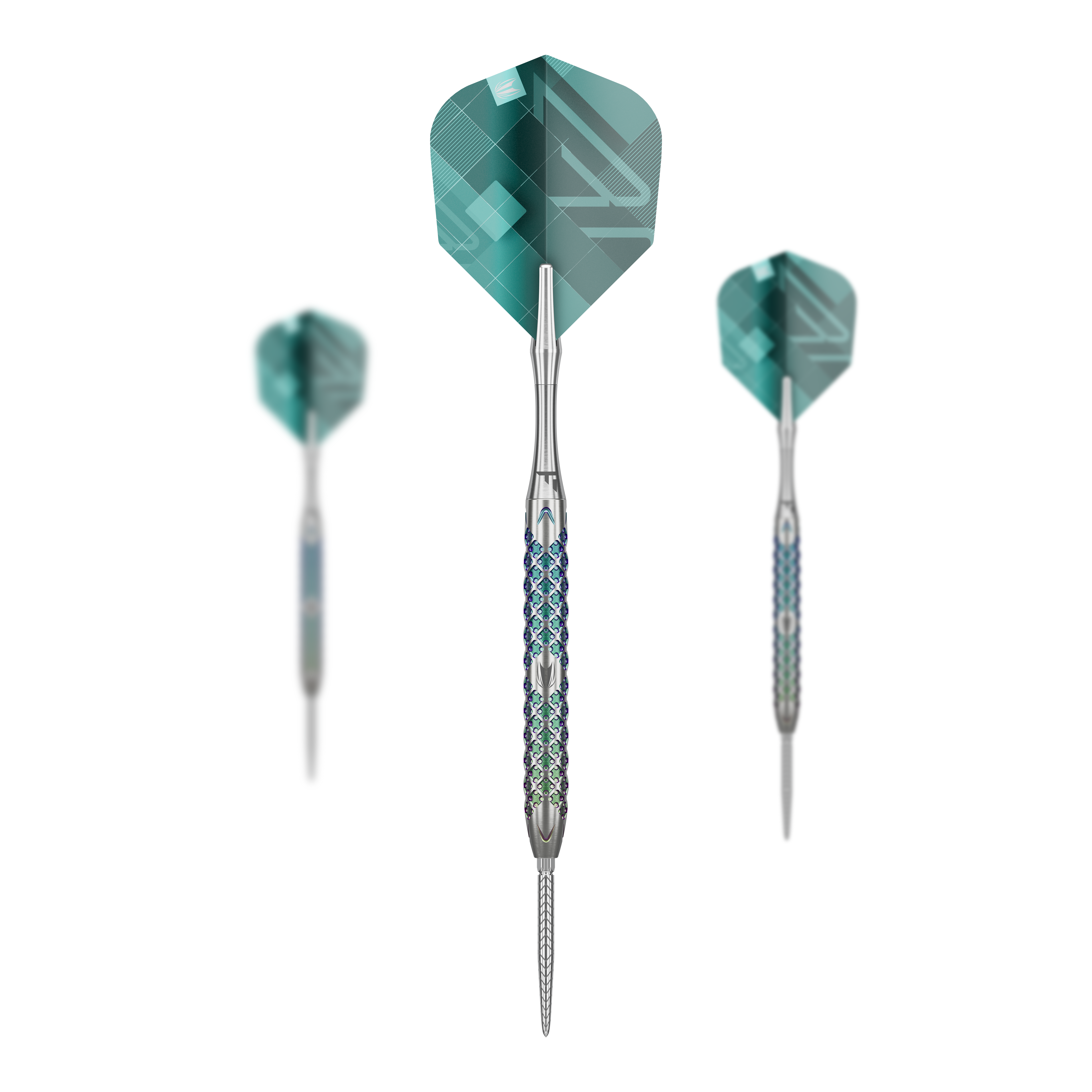 Ocelové šipky Target Rove 01 Swiss Point Das Bild zeigt drei Steeldarts des Modells "Target Rove 01 Swiss Point". Die Darts haben silberne Spitzen und einen gemusterten, blauen und silbernen Griff sowie grünliche Flights.