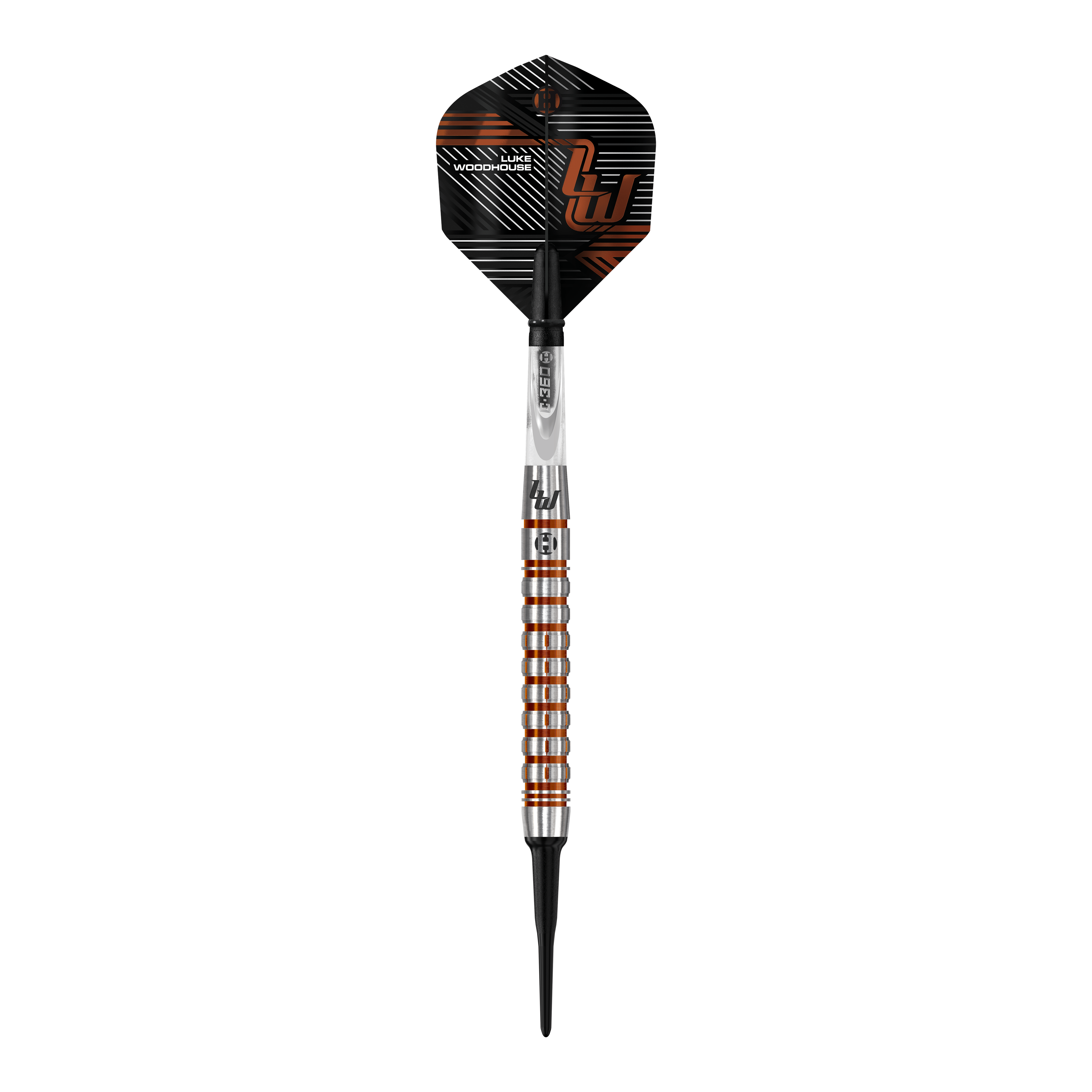 Harrow's Luke Woodhouse Series 2 měkké šipky - 18g Das Bild zeigt den Harrows Luke Woodhouse Series 2 Softdart mit einem Gewicht von 18g. Der Dartpfeil hat ein modernes, silber-orangenes Design mit schwarzen Akzenten.