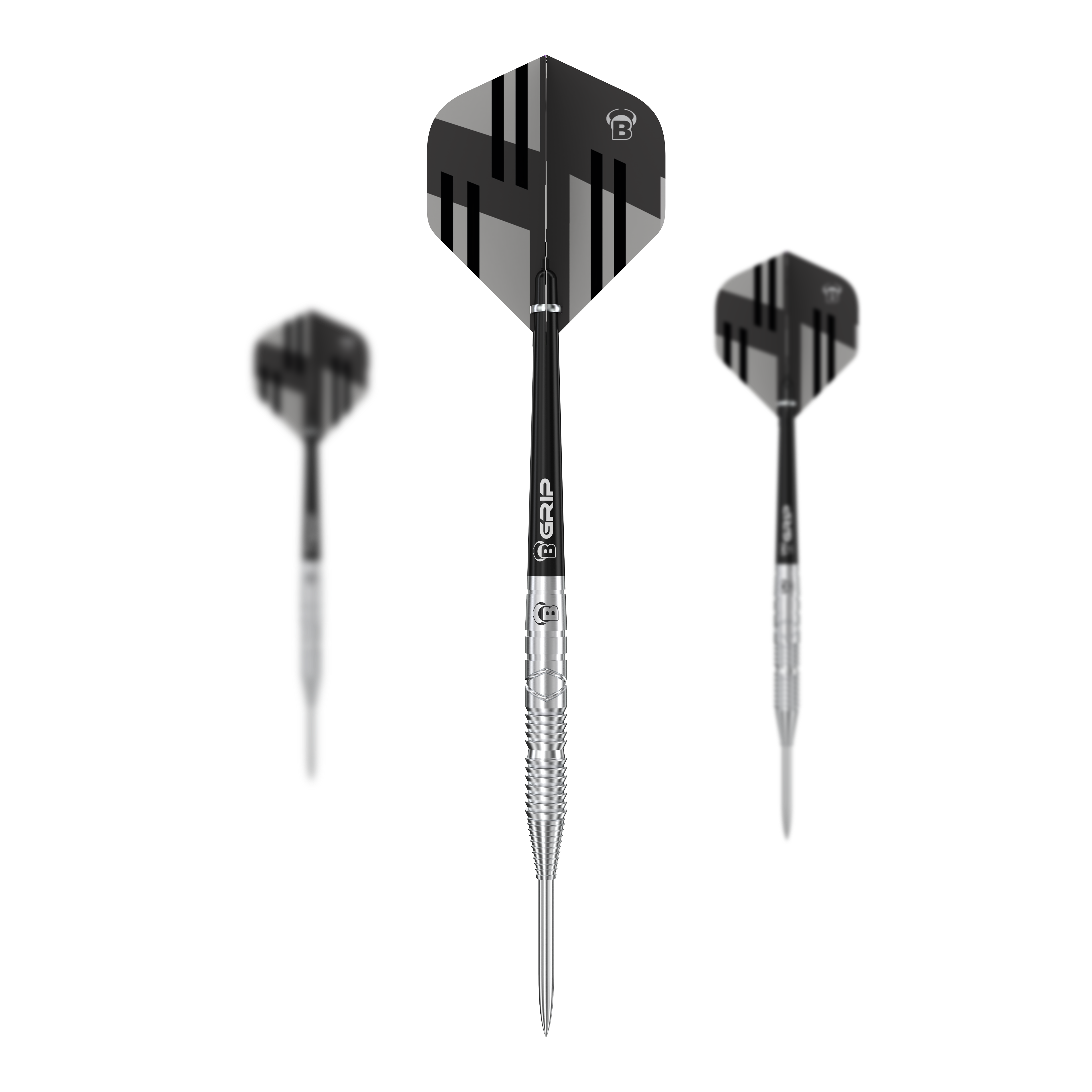 Bulls Tac T3 Steeldarts Das Bild zeigt drei Bulls Tac T3 Steeldarts mit silbernen Spitzen und schwarzen Flights. Die Flights haben ein modernes, geometrisches Design in Schwarz und Grau.