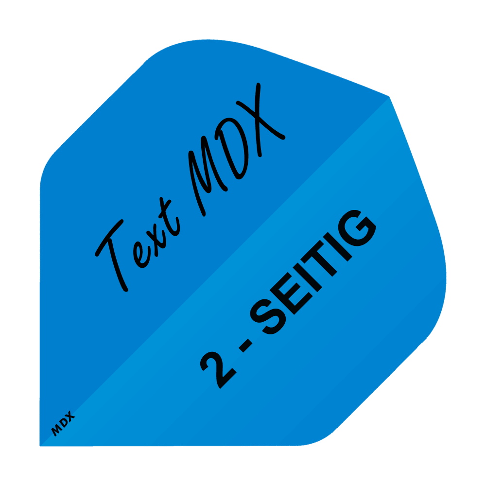 MD-406_2-Seitig_Bedruckte_Flights_Wunschtext_MDX_Blau_Standard_1 Das Bild zeigt ein blaues Quadrat mit der Aufschrift „Text MDX“ und „2-SEITIG“. Es handelt sich um das Produkt „10 Satz Bedruckte Flights 2-Seitig - Wunschtext - MDX Standard“.