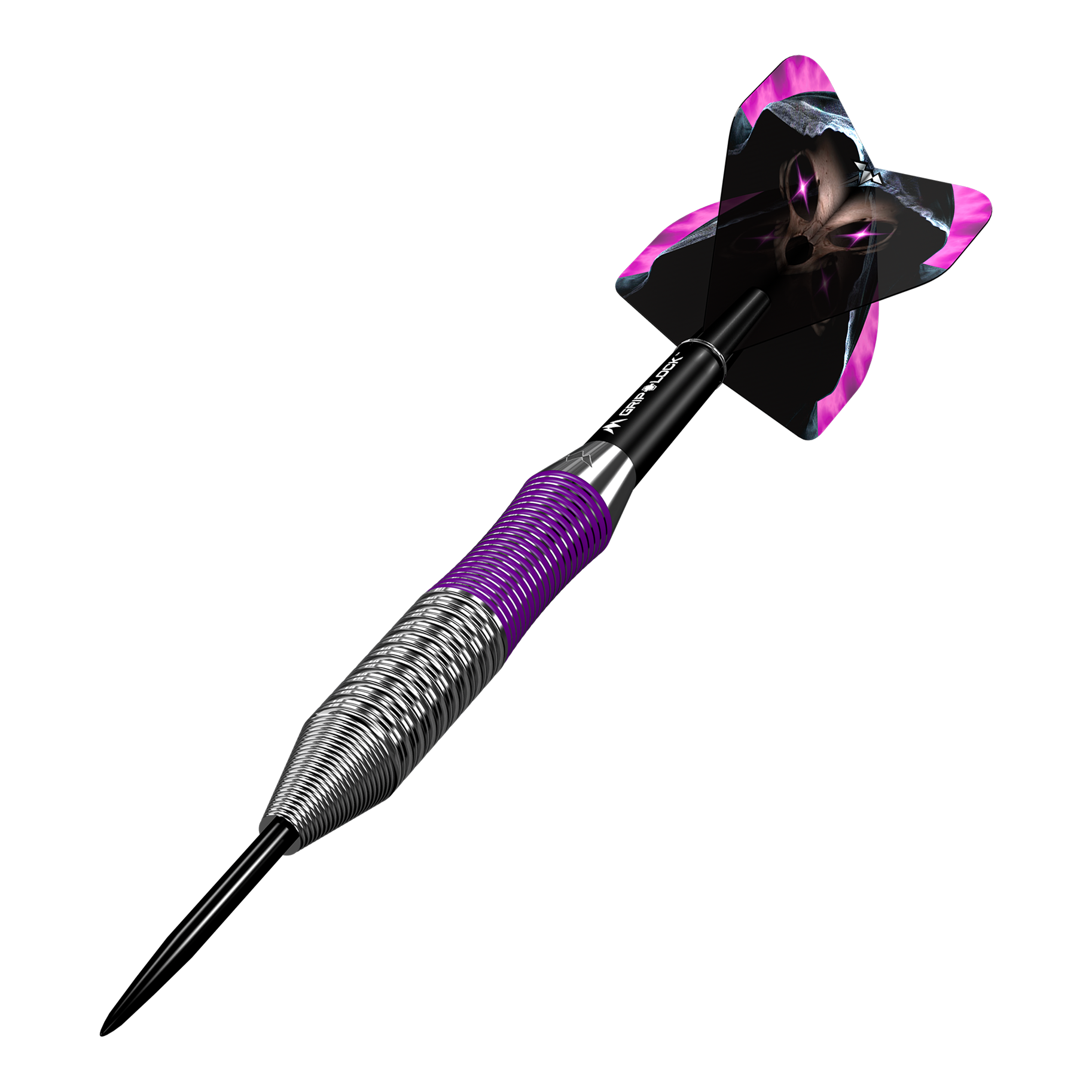 Šipky Mission Phantom Brass Steel - 22g Dies ist ein Mission Phantom Brass Steeldart mit einem Gewicht von 22 Gramm. Der Dart hat ein metallisches Griffstück mit lila Akzenten und einen auffälligen Flight mit einem schwarzen und lila Design.