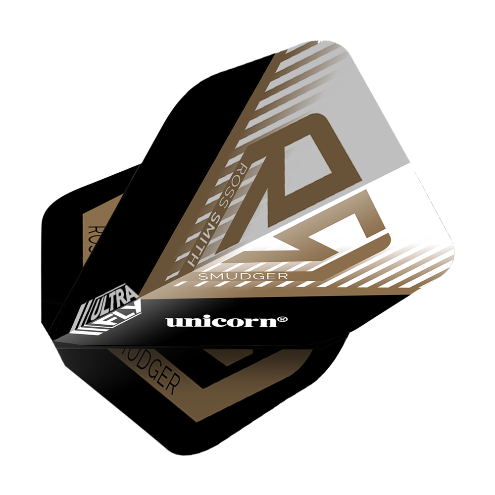Letky Unicorn Ultrafly 100 Ross Smith Smudger AR1 Das Bild zeigt die Dartflights "Unicorn Ultrafly 100 Ross Smith Smudger AR1". Die Flights sind schwarz, weiß und gold gestaltet und tragen den Namen des Spielers sowie das Unicorn-Logo.