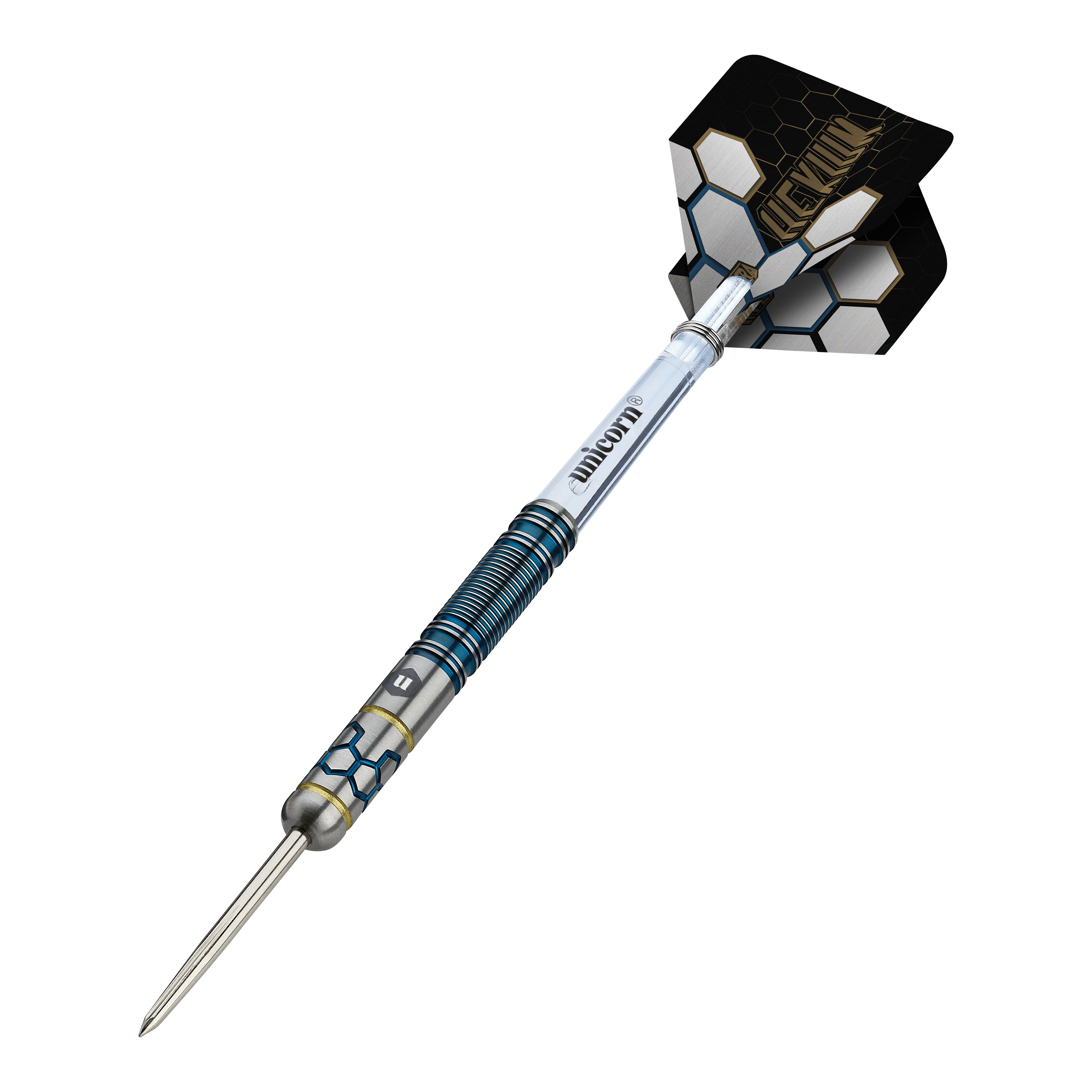 Ocelové šipky Unicorn Hexium Style 02 Modré a zlaté Das Foto zeigt die Unicorn Hexium Style 02 Blue & Gold Steeldarts. Es handelt sich um hochwertige Steeldarts in Blau und Gold.