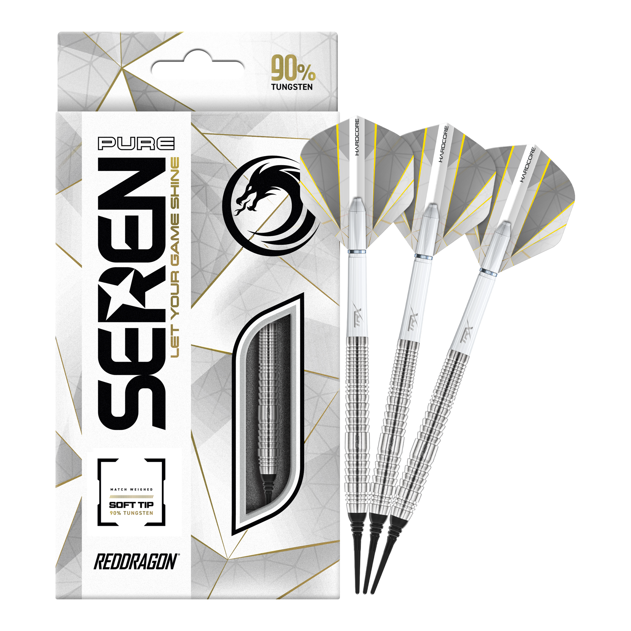 Red Dragon Seren 2 Pure Softdarts - 20g Das Bild zeigt das Produkt "Red Dragon Seren 2 Pure Softdarts - 20g" mit drei silbernen Softdarts. Die Verpackung hebt hervor, dass die Darts aus 90% Tungsten bestehen.