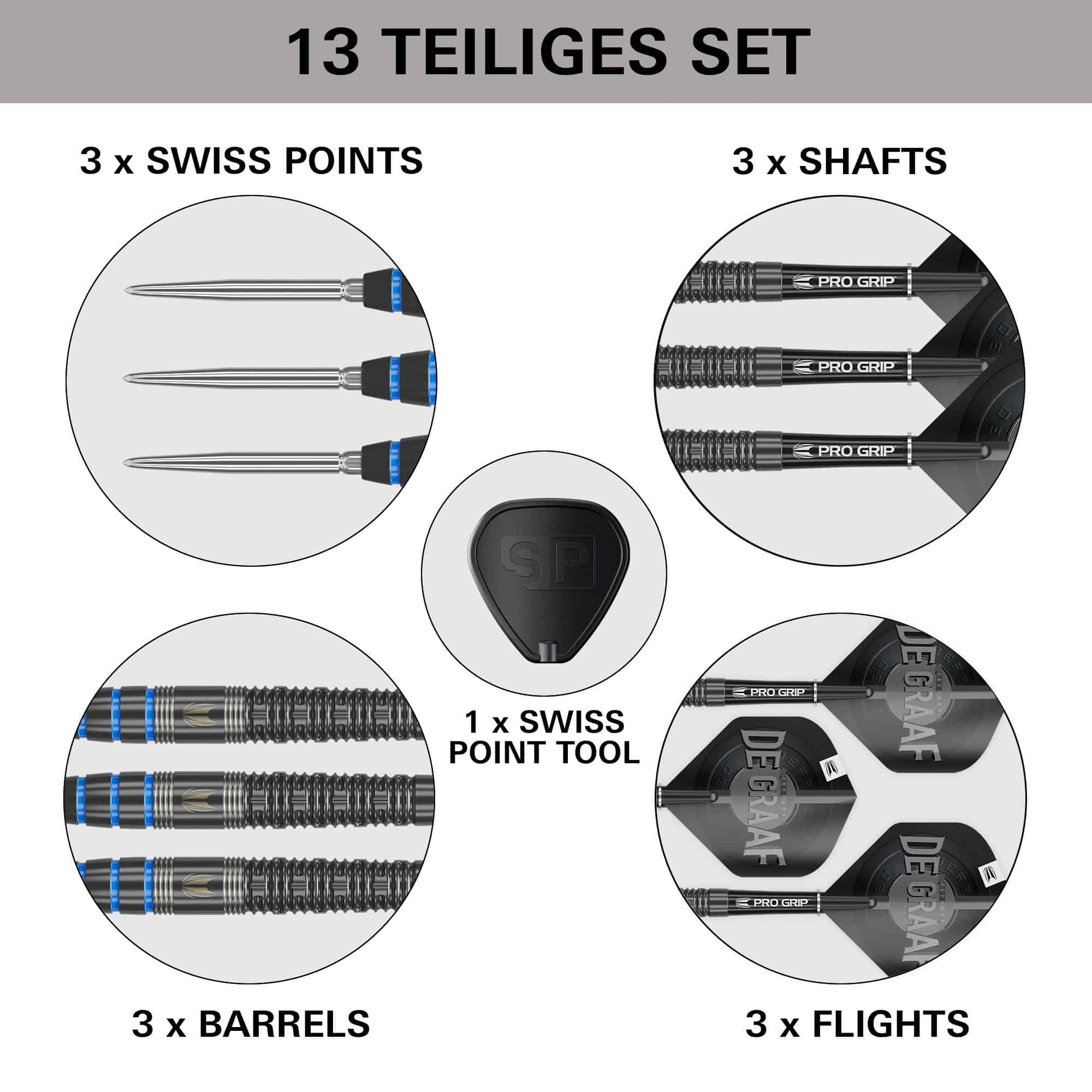 Terč Jeffrey De Graaf GEN1 Swiss Point Steeldarts - 23g Das Bild zeigt das 13-teilige Set "Target Jeffrey De Graaf GEN1 Swiss Point Steeldarts - 23g". Im Set sind 3 Spitzen, 3 Shafts, 3 Barrels, 3 Flights und 1 Swiss Point Tool enthalten.
