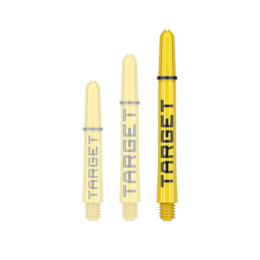 Násadky Target Pro Grip TAG - 3 sady - žluté Das Bild zeigt drei gelbe Dartschäfte in verschiedenen Längen. Auf jedem Schaft steht das Wort "TARGET" in schwarzer Schrift.