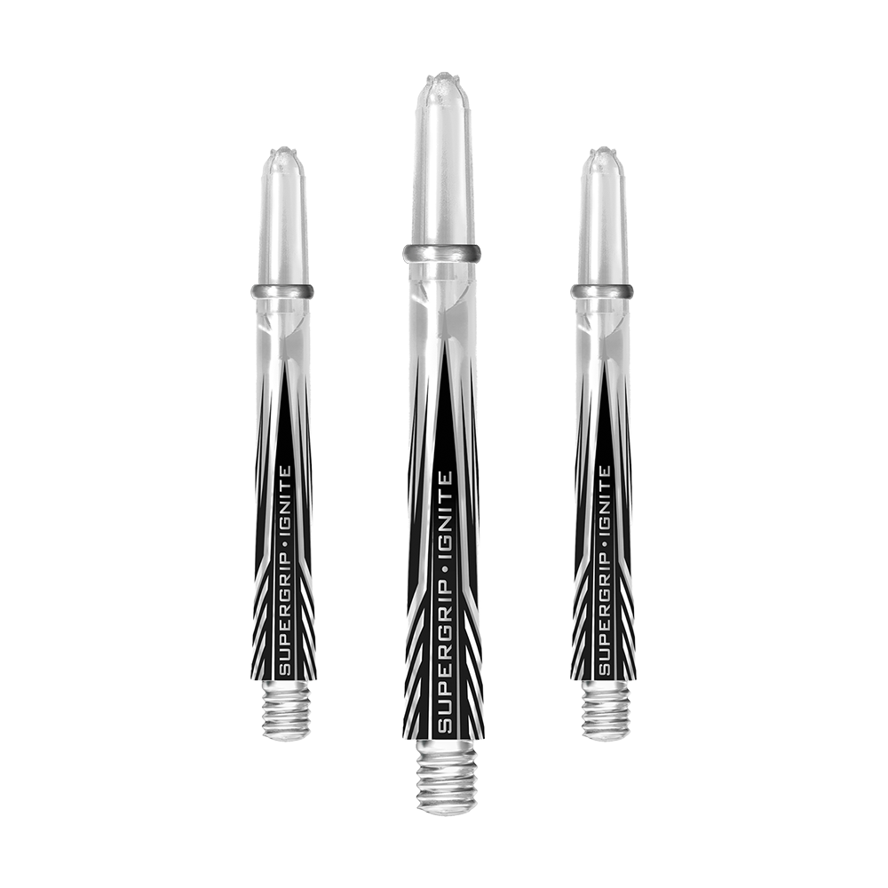 HR394_Harrows_Supergrip_Ignite_Shafts_Clear_47mm_1p9h98zRvzlN0K Das Bild zeigt drei klare Harrows Supergrip Ignite Shafts für Darts. Die Shafts haben ein modernes, transparentes Design mit schwarzer Beschriftung.