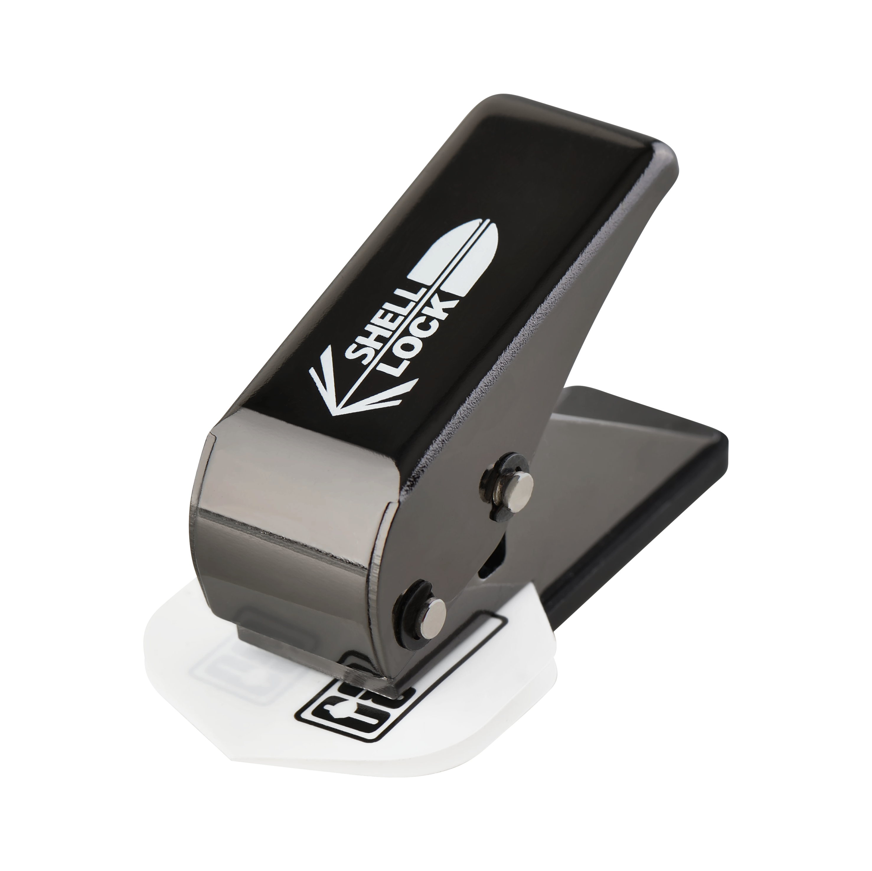 Děrovač s uzamykatelným pouzdrem L-Style One80 Das Bild zeigt den "L-Style One80 Shell Lock Punch Flightlocher". Dieses Gerät wird verwendet, um Löcher in Dart-Flights zu stanzen.