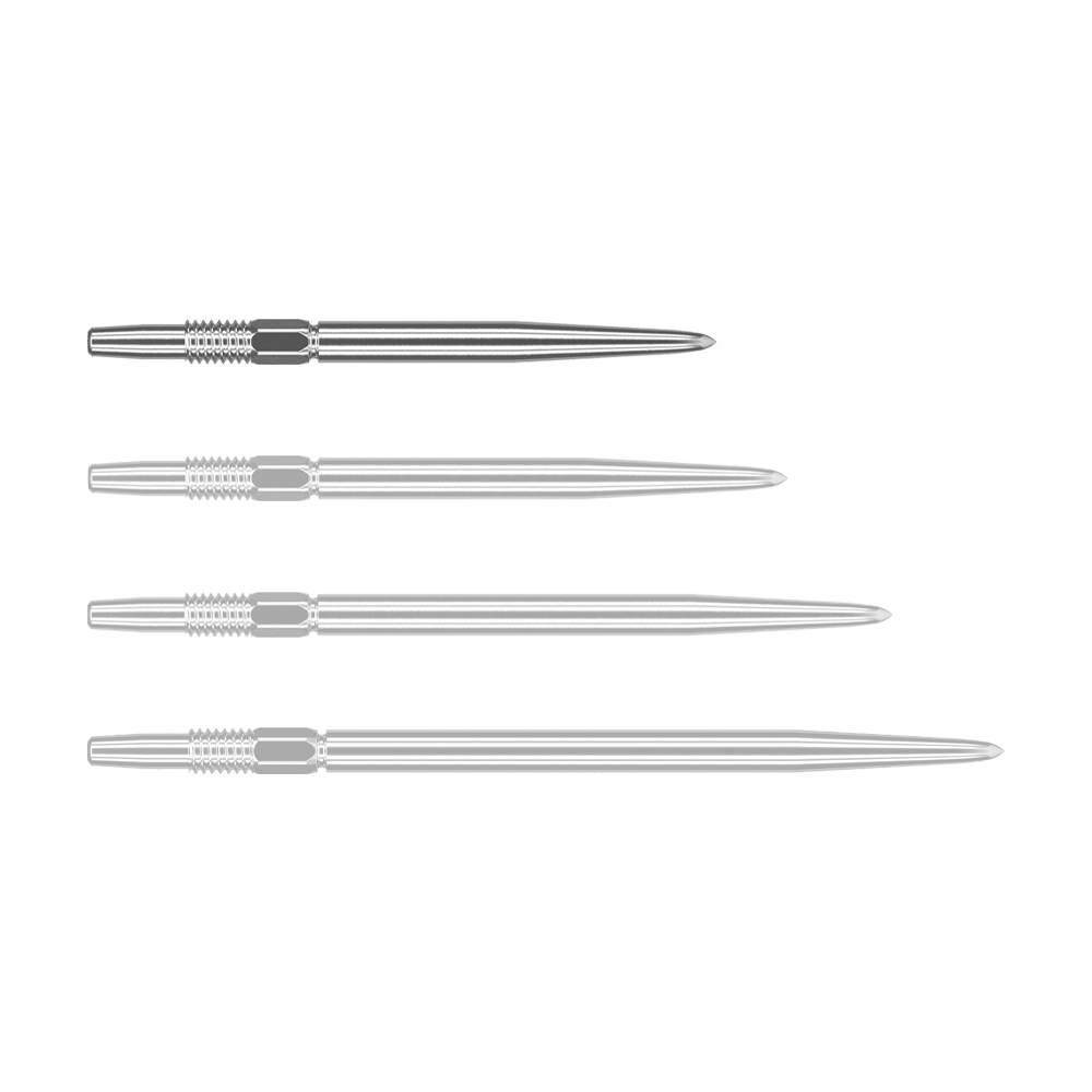 Zaměřte hroty šipek Swiss Point Silver Das Bild zeigt vier silberne Dartspitzen, die nebeneinander liegen. Jede Spitze hat ein geriffeltes Ende und ist schlank und spitz zulaufend.