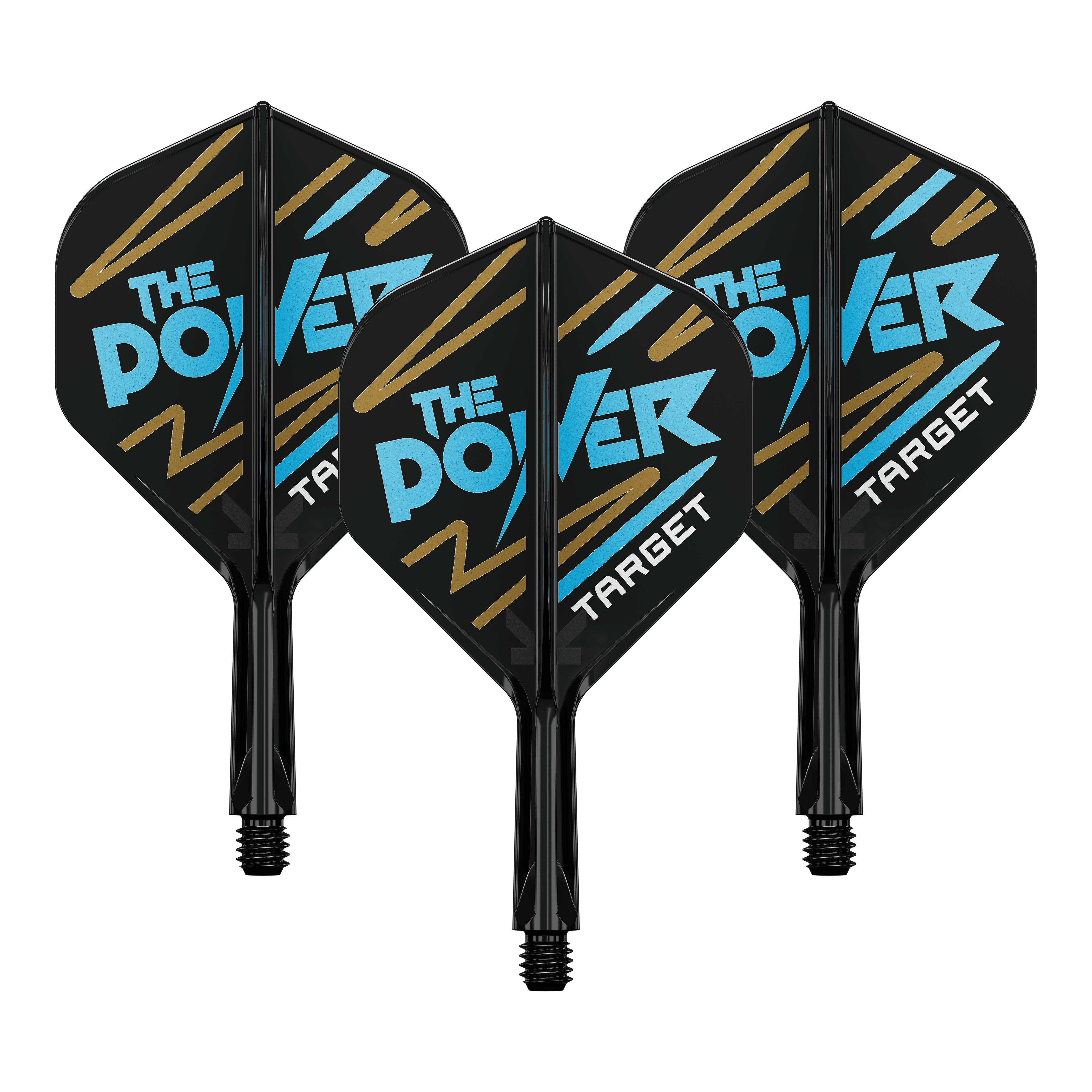 Systém standardní letové hřídele Target K-Flex Phil Taylor No2 Auf dem Bild sind drei Dartflights mit schwarzem Hintergrund zu sehen. Auf den Flights steht in blauer und weißer Schrift "THE POWER" und unten "TARGET".