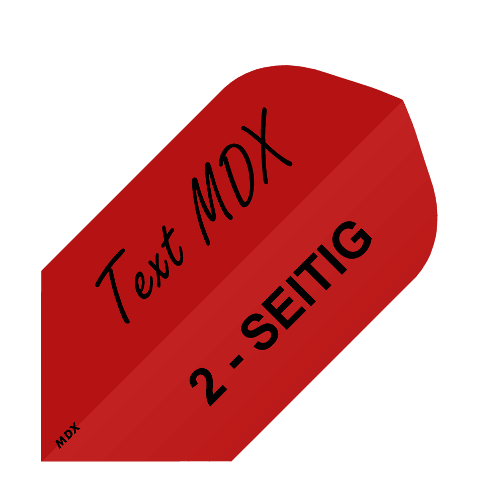 MD-457_2-Seitig_Bedruckte_Flights_Wunschtext_MDX_Rot_Slim_1 Das Bild zeigt einen roten, bedruckten Dartflight mit der Aufschrift "Text MDX" und "2-SEITIG". Es handelt sich um ein Produkt für individuell bedruckte Flights im MDX Slim-Format.