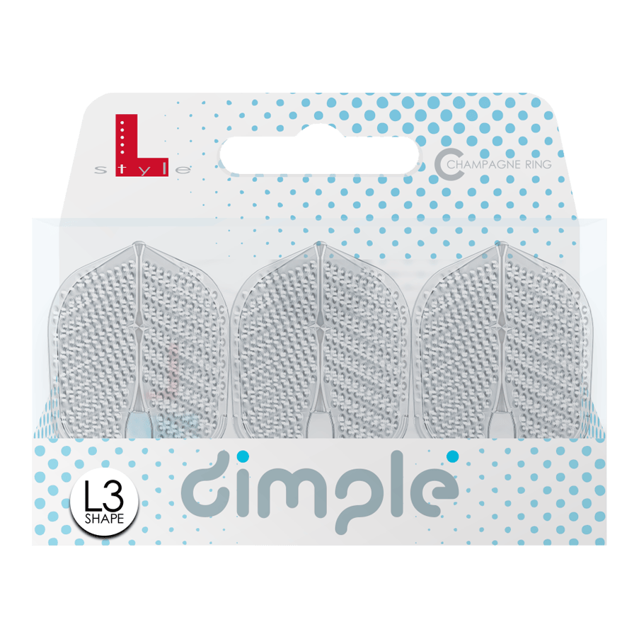 Letky ve stylu L Dimple Champagne Tvar L3PRO Das Bild zeigt eine Verpackung mit drei L-Style Flights Dimple im L3PRO Shape. Die Verpackung ist weiß mit blauen Punkten und trägt den Schriftzug "dimple".