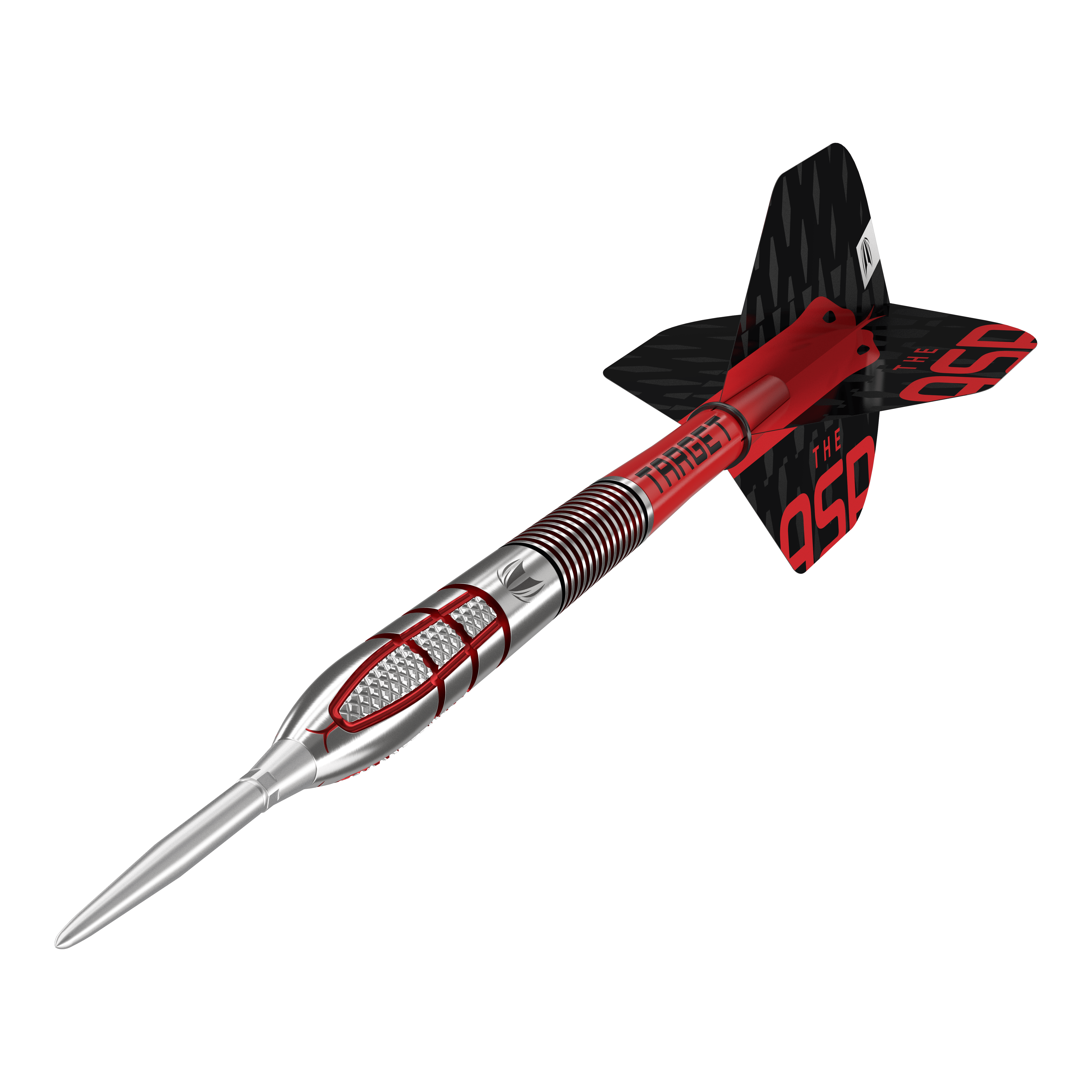 Ocelové šipky Target Nathan Aspinall GEN2 Swiss Point Das Bild zeigt einen modernen Steeldartpfeil mit silberner Spitze und rot-schwarzem Schaft. Auf den Flights steht in roten Buchstaben "THE ASP".