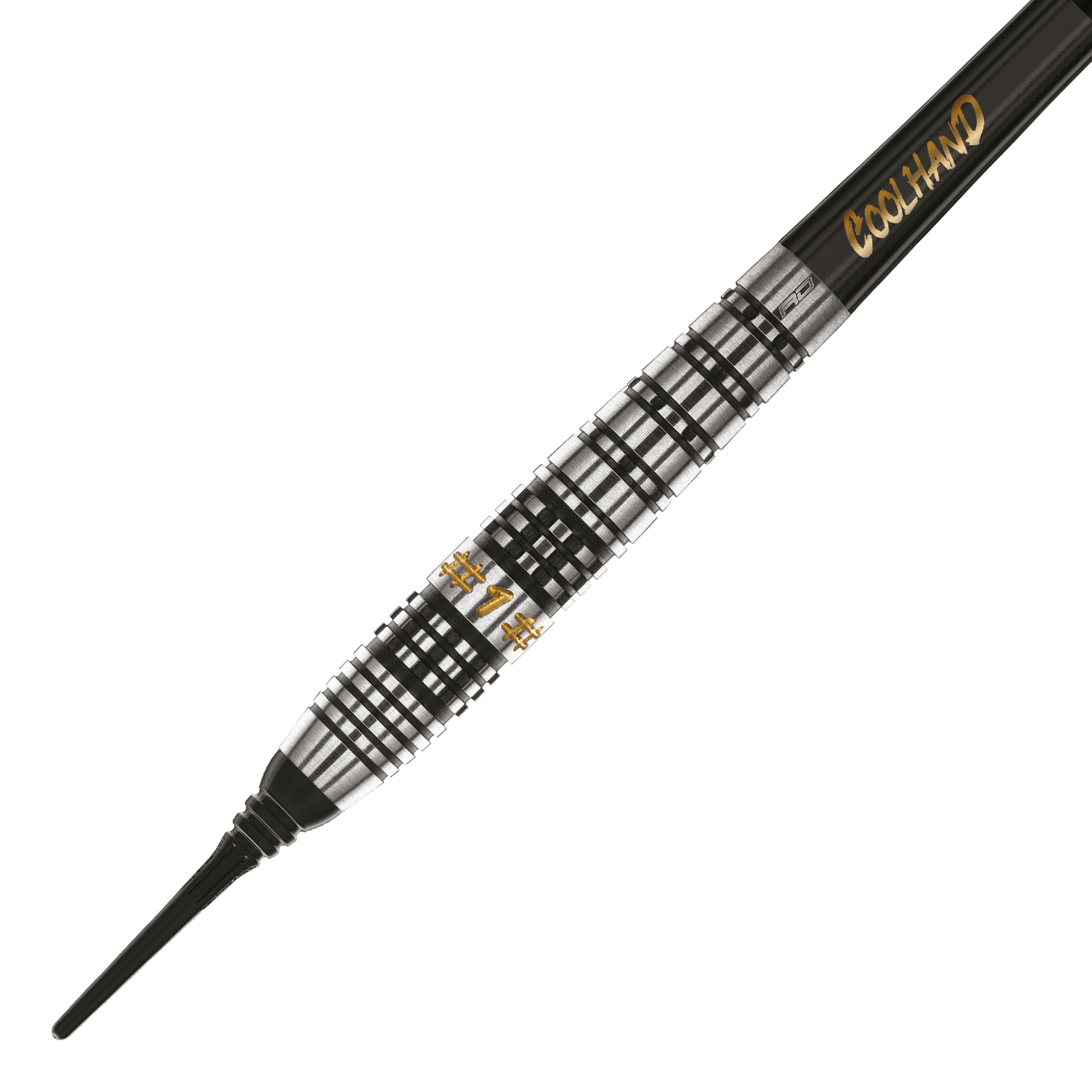 Šipky Red Dragon Luke Humphries Prestige Soft - 20g Das Bild zeigt einen Softdart namens "Red Dragon Luke Humphries Prestige Softdarts - 20g". Der Dart hat ein silber-schwarzes, geriffeltes Design mit goldener Schrift.