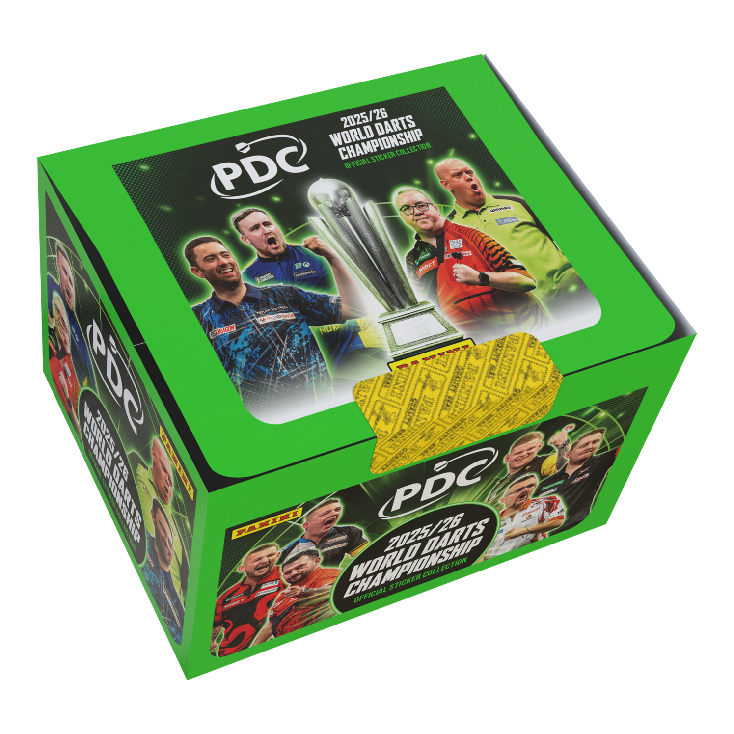 Panini PDC World Darts Championship 2025/26 - Krabička s 65 balíčky samolepek Zu sehen ist die Panini PDC World Darts Championship 2025/26 Stickerbox mit 65 Tüten. Die Stickerbox enthält viele Tüten zum Tauschen und Kleben.