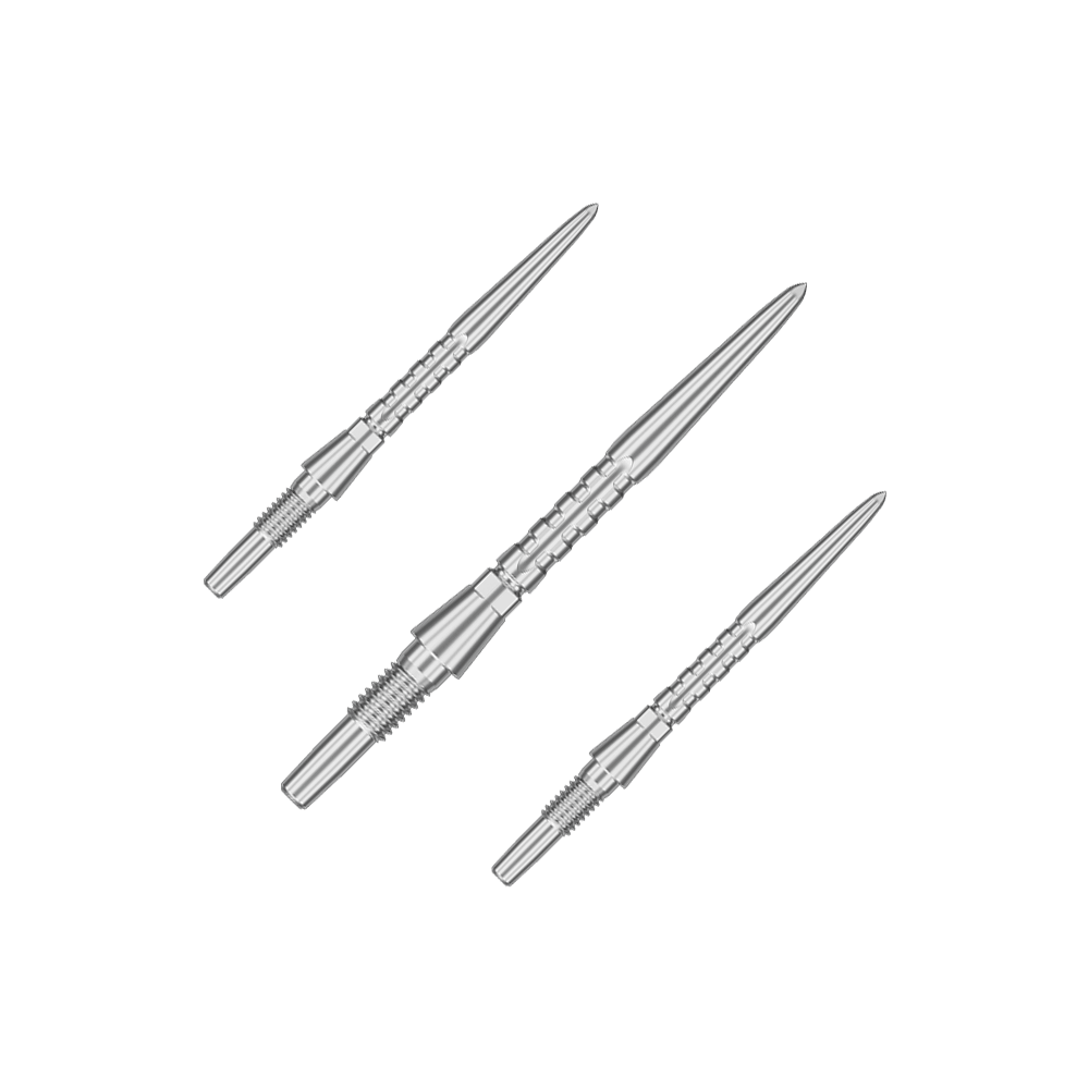 Ocelové hroty na šipky Target Swiss Point Storm Surge - stříbrné Auf dem Bild sind drei silberne Steeldartspitzen abgebildet. Sie sind schmal, metallisch und haben ein präzises, geriffeltes Design.