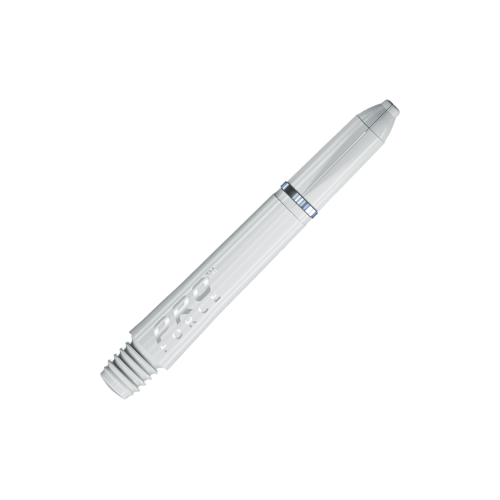 7011_102_Winmau_Pro-Force_Shafts_Weiss_35mm_2 Das Bild zeigt einen weißen Winmau Pro-Force Shaft für Dartpfeile. Der Shaft hat eine glatte Oberfläche mit dem Schriftzug "PRO FORCE" und einem kleinen Metallring.
