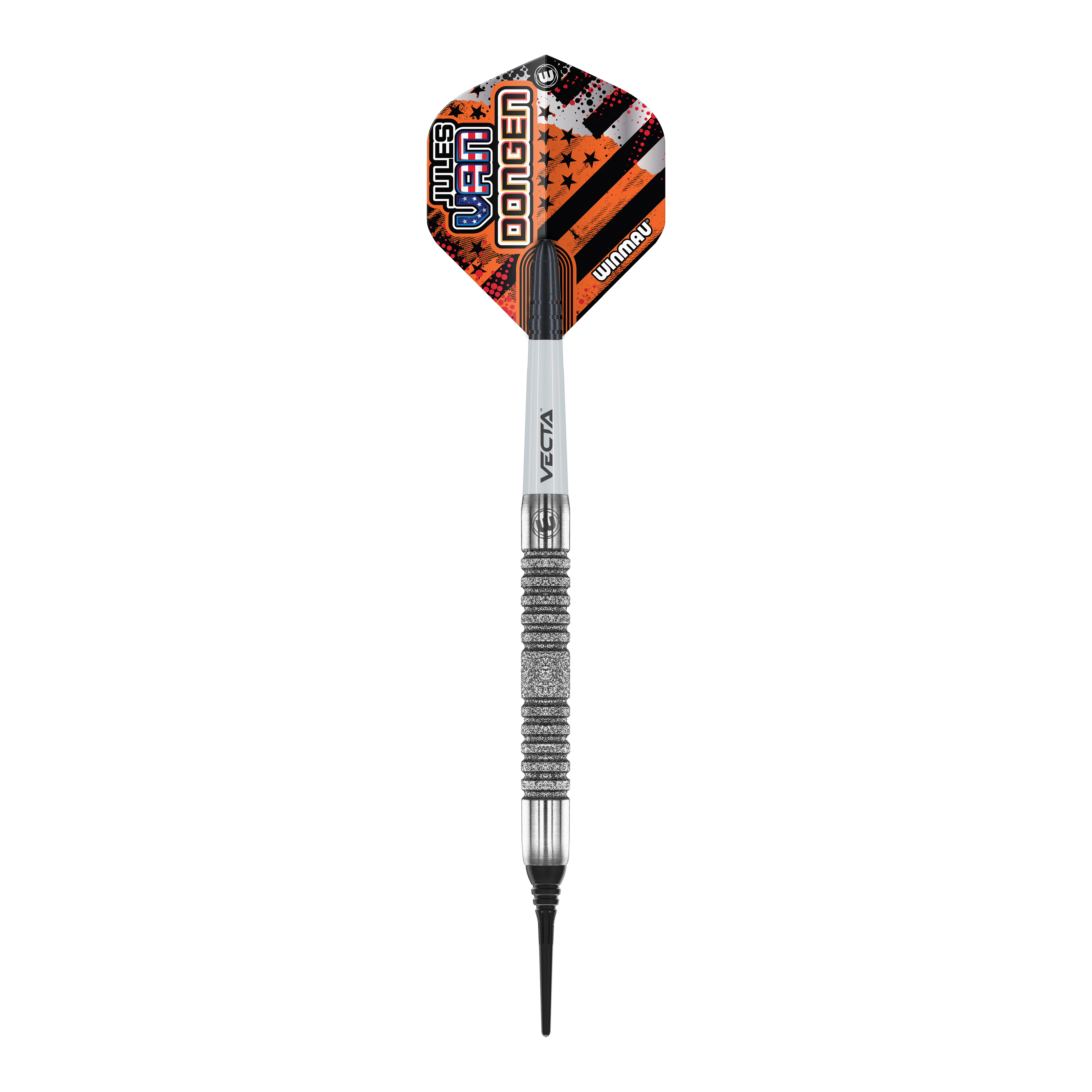 Winmau Jules Van Dongen měkké šipky - 20g Das Bild zeigt einen Winmau Jules Van Dongen Softdart mit einem Gewicht von 20 Gramm. Der Dartpfeil hat ein auffälliges Flight-Design in Orange, Schwarz und Weiß mit dem Namen des Spielers darauf.