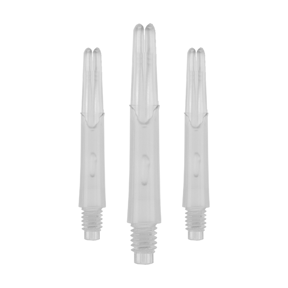 L-L-Style-Shafts Locked Straight - Clear Auf dem Bild sind drei transparente, gerade Dartschäfte aus Kunststoff zu sehen. Sie haben ein Gewinde am unteren Ende und sind ohne Kappen abgebildet.