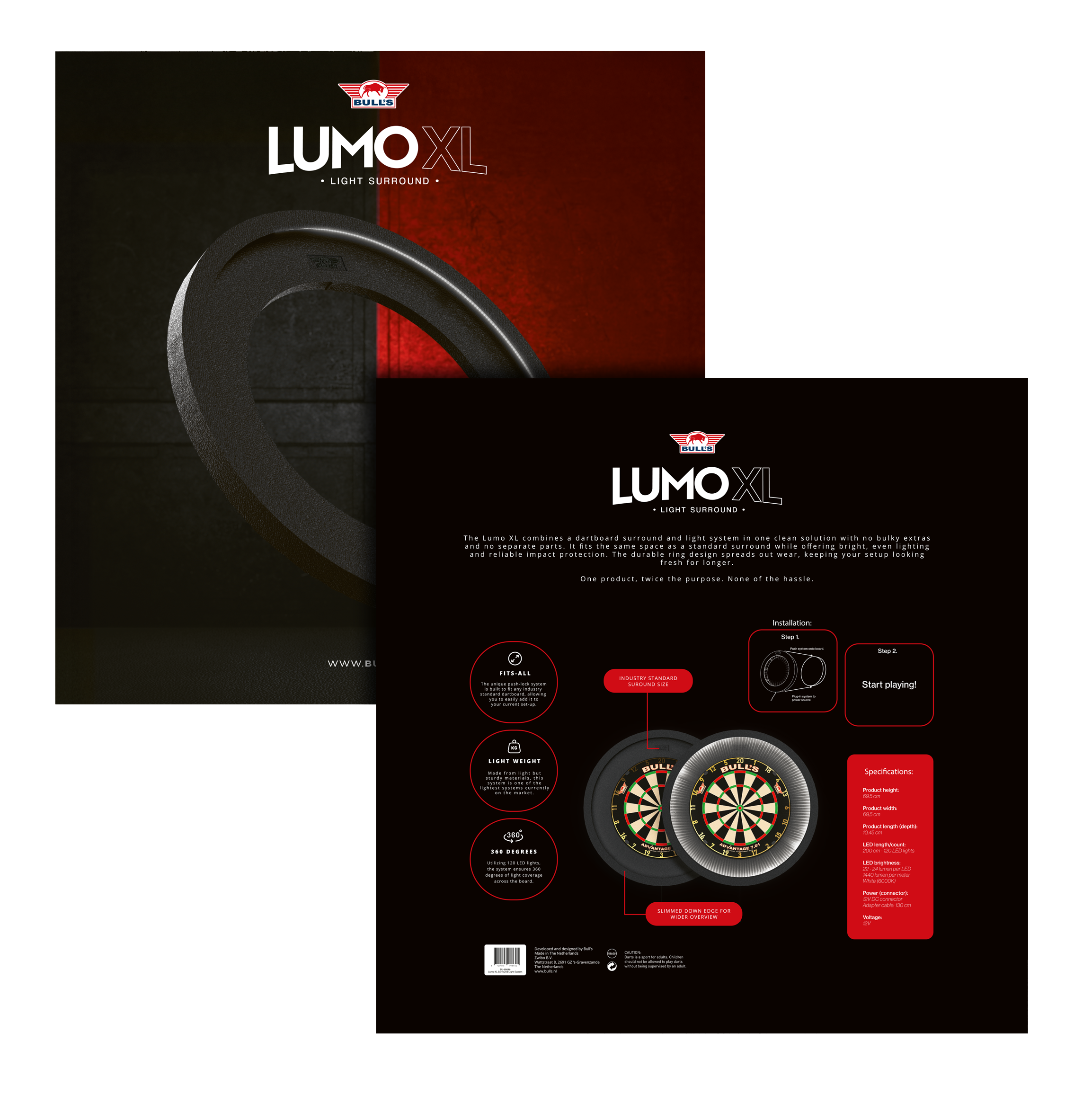 Das Bild zeigt die Verpackung des Bulls NL Lumo XL Surround Beleuchtungssystems. Es kombiniert eine Dartboard-Umrandung und ein Beleuchtungssystem in einem Produkt.