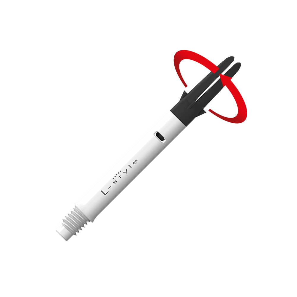 Dies ist ein weißer Carbon-Schaft für Dartpfeile der Marke L-Style. Der obere schwarze Teil kann sich drehen, wie durch den roten Pfeil angezeigt.