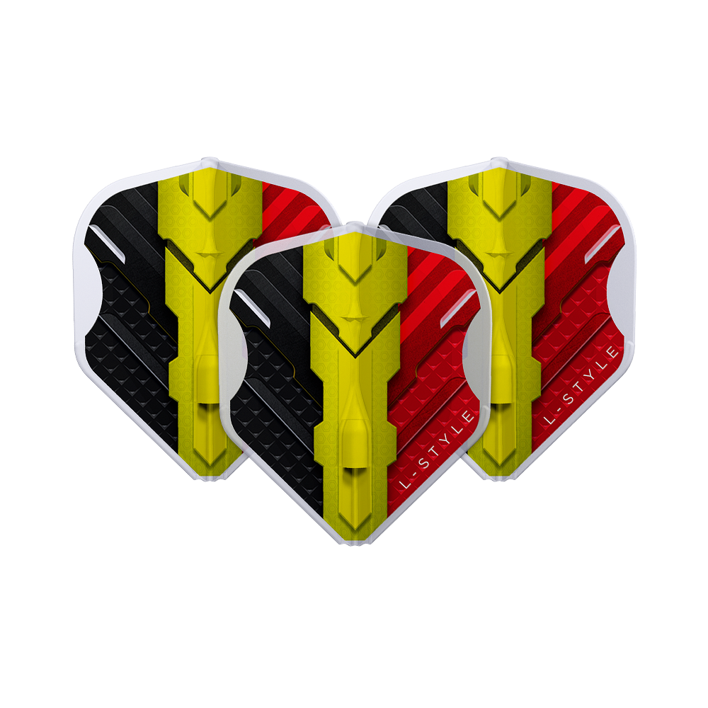 Das Bild zeigt drei Dart-Flights des Modells "L-Style V-Series V1 Type C Belgium Clear White L1EZ Flights". Die Flights sind in den Farben Schwarz, Gelb und Rot gestaltet und zeigen ein modernes Design.