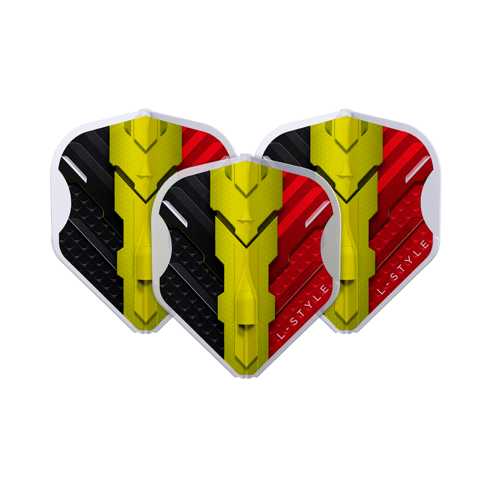 Letky L-Style V Series V1 Type C Belgium Clear White L1EZ Das Bild zeigt drei Dart-Flights des Modells "L-Style V-Series V1 Type C Belgium Clear White L1EZ Flights". Die Flights sind in den Farben Schwarz, Gelb und Rot gestaltet und zeigen ein modernes Design.