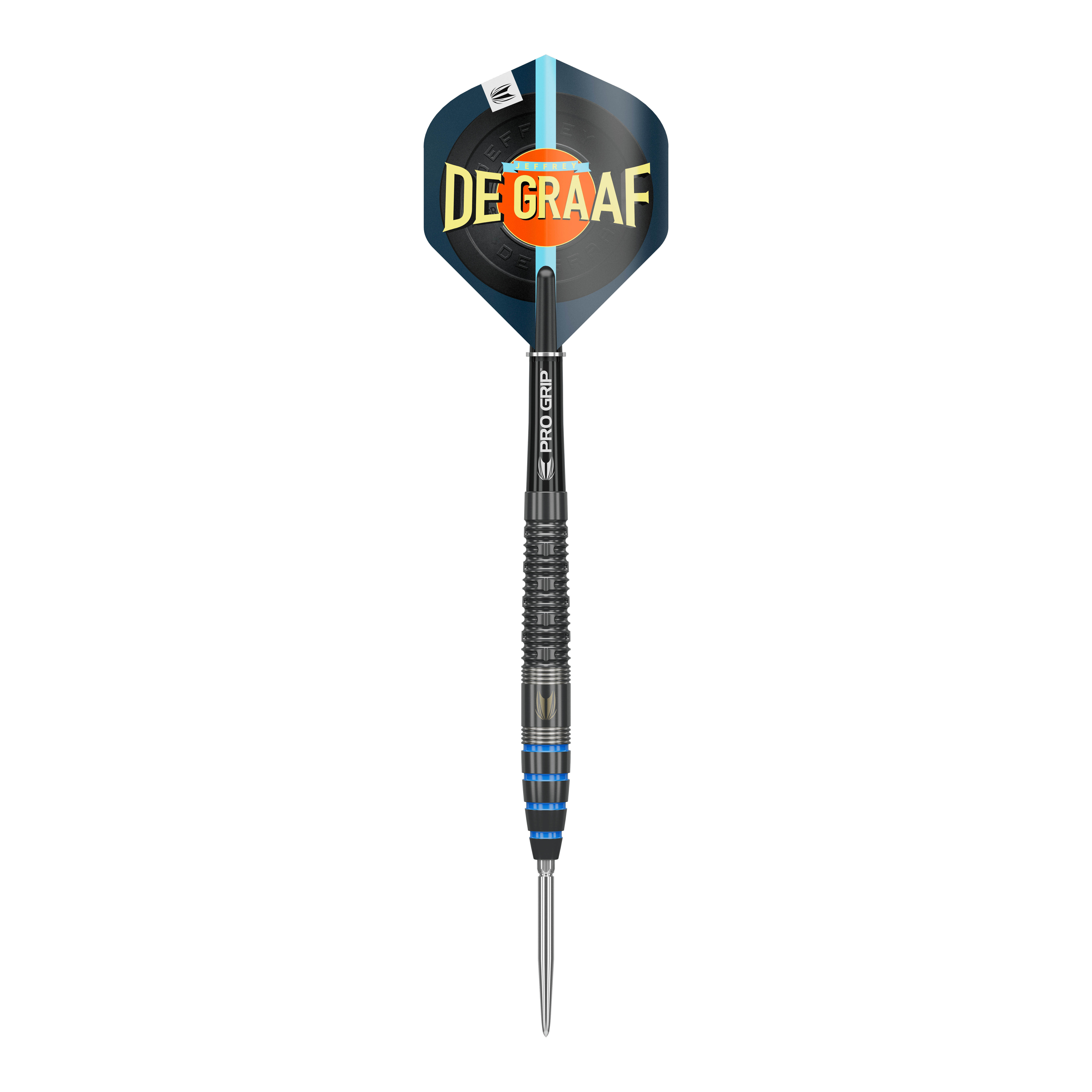 Terč Jeffrey De Graaf GEN1 Swiss Point Steeldarts - 23g Das Bild zeigt einen Target Jeffrey De Graaf GEN1 Swiss Point Steeldart mit 23g Gewicht. Der Dart hat einen schwarzen Schaft und blaue Akzente am Griff, auf dem Flight steht "DE GRAAF".