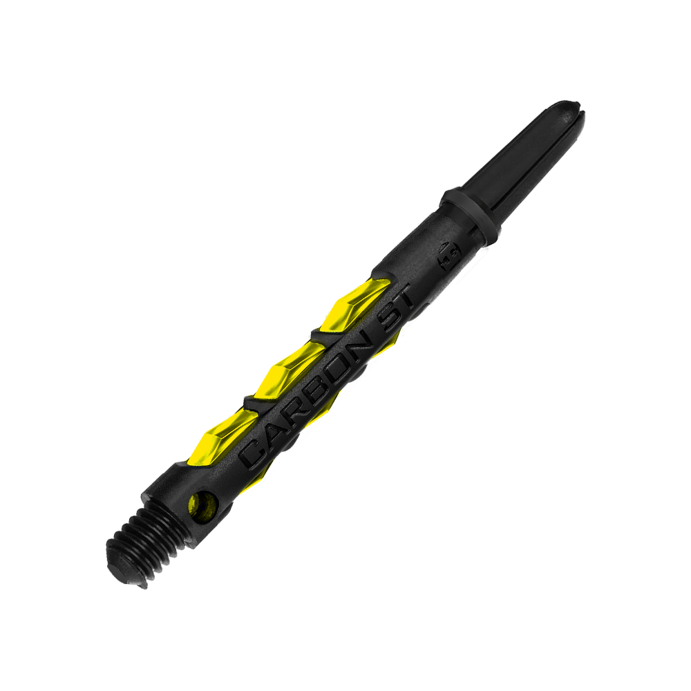 HR421_Harrows_Carbon_ST_Shafts_Gelb_47mm_2 Das Bild zeigt einen Harrows Carbon ST Shaft in der Farbe Gelb. Der Schaft ist schwarz mit gelben Akzenten und hat die Aufschrift "CARBON ST".