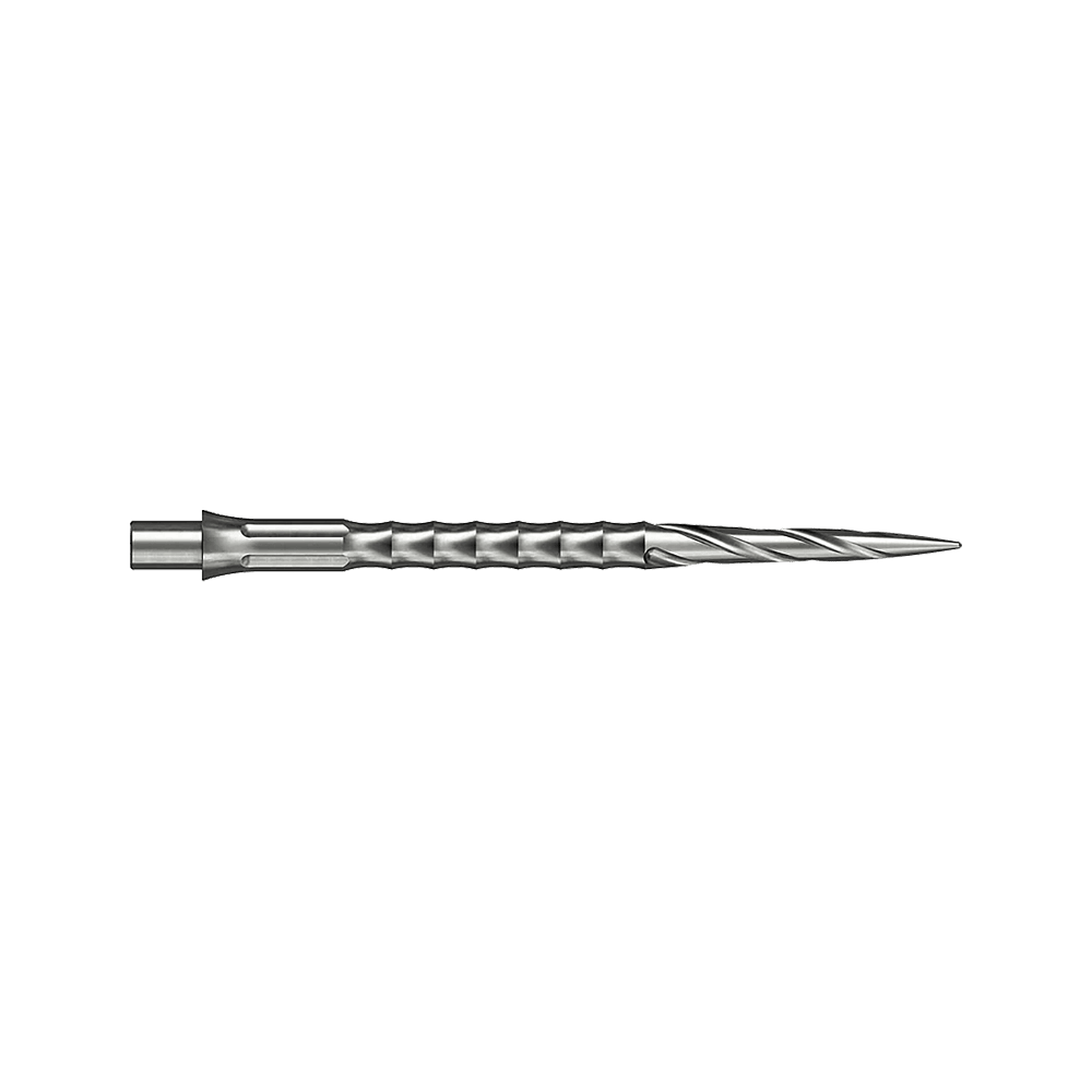 Ocelové hroty na šipky Caliburn System - Spiro - NoLip - stříbrné Zwei silberne Steeldartspitzen im Spiro NoLip Design sind zu sehen. Sie sind 36 mm lang und liegen nebeneinander.