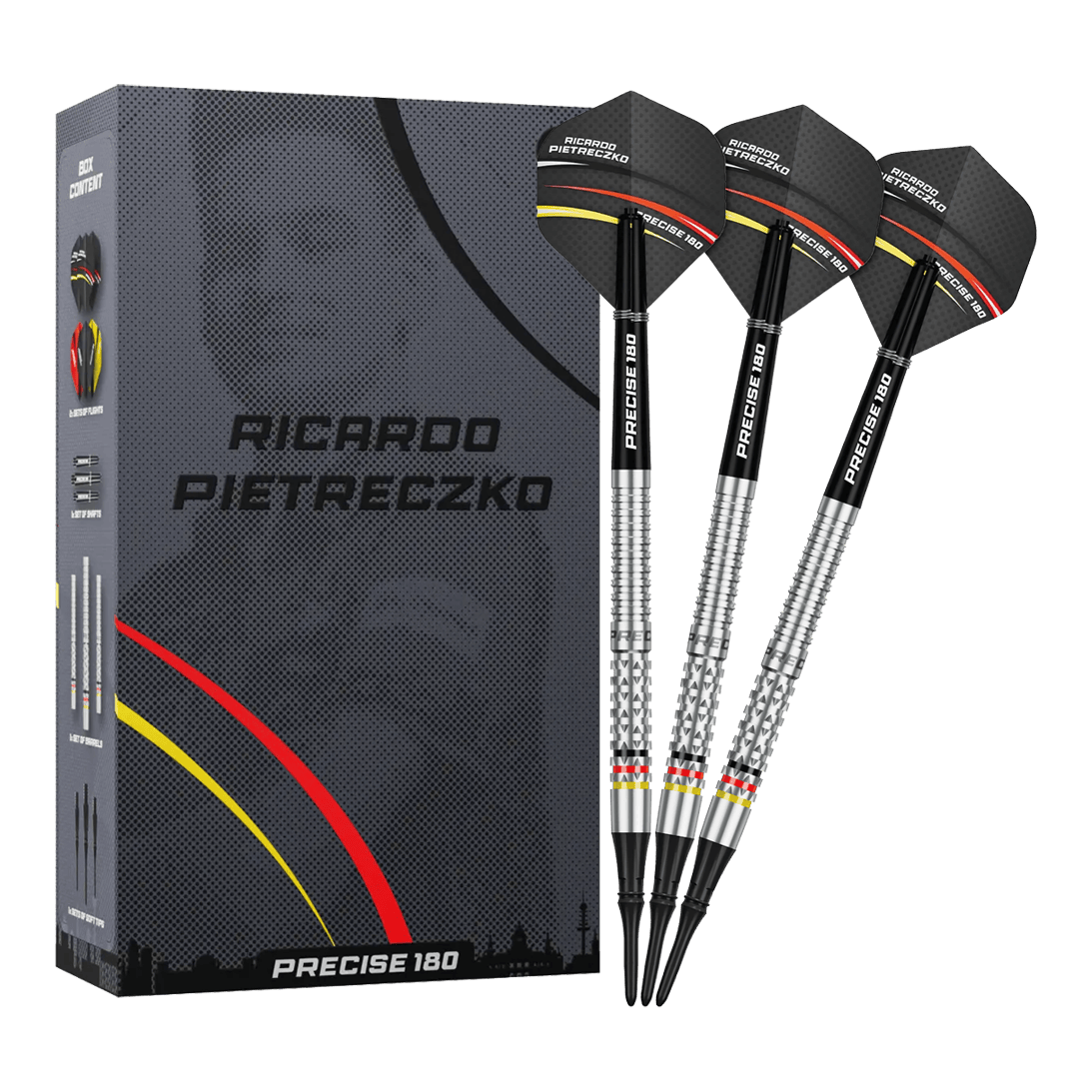 Šipky Precise 180 Ricardo Pietreczko GEN1 měkké Gezeigt werden die Precise 180 Ricardo Pietreczko GEN1 Softdarts. Diese Softdarts zeichnen sich durch ihre Präzision aus.