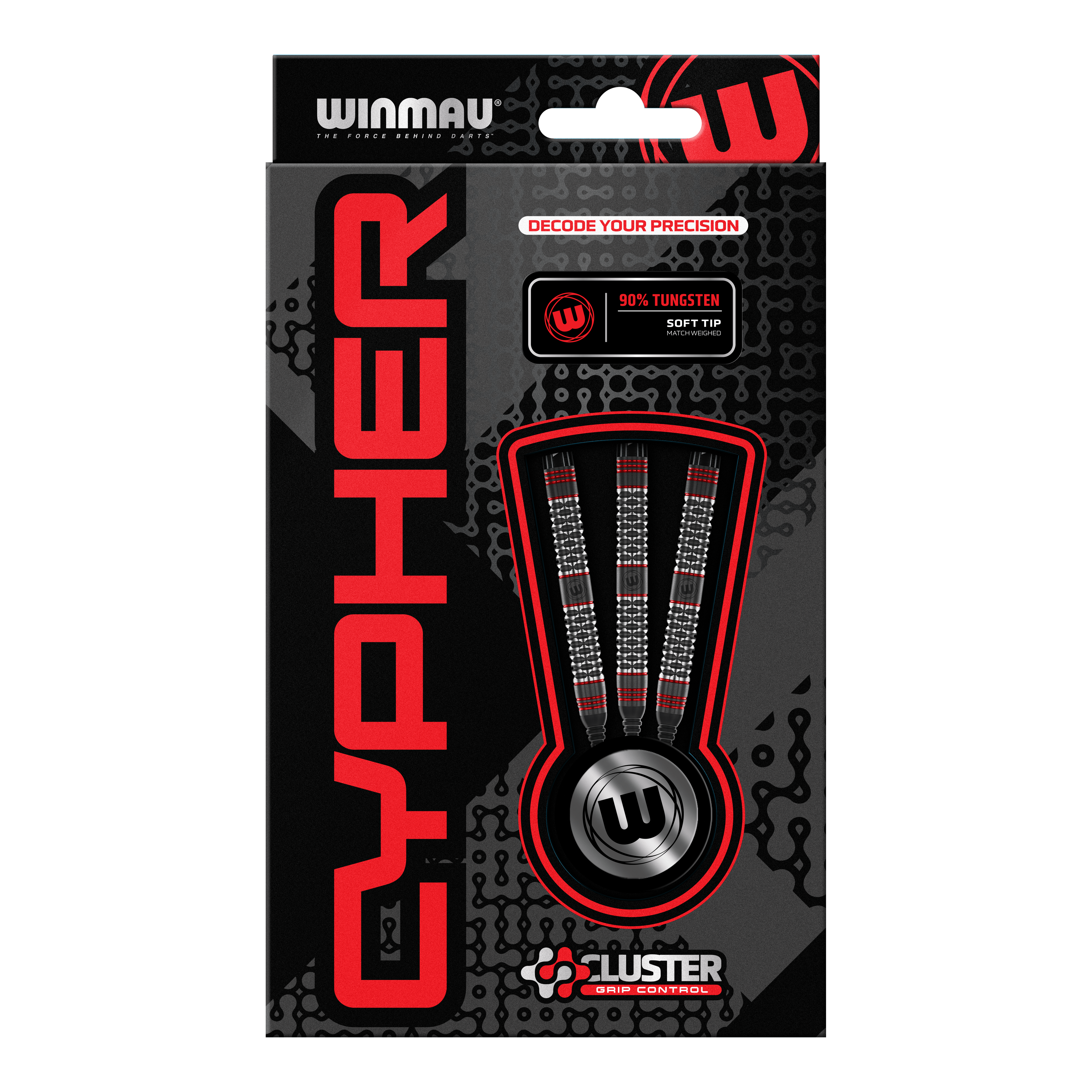 Šipky Winmau Cypher Softdarts - 20g Die Abbildung zeigt die Verpackung der Winmau Cypher Softdarts mit 20 Gramm Gewicht. Die Darts bestehen zu 90% aus Wolfram und verfügen über spezielle Griffkontrolle.