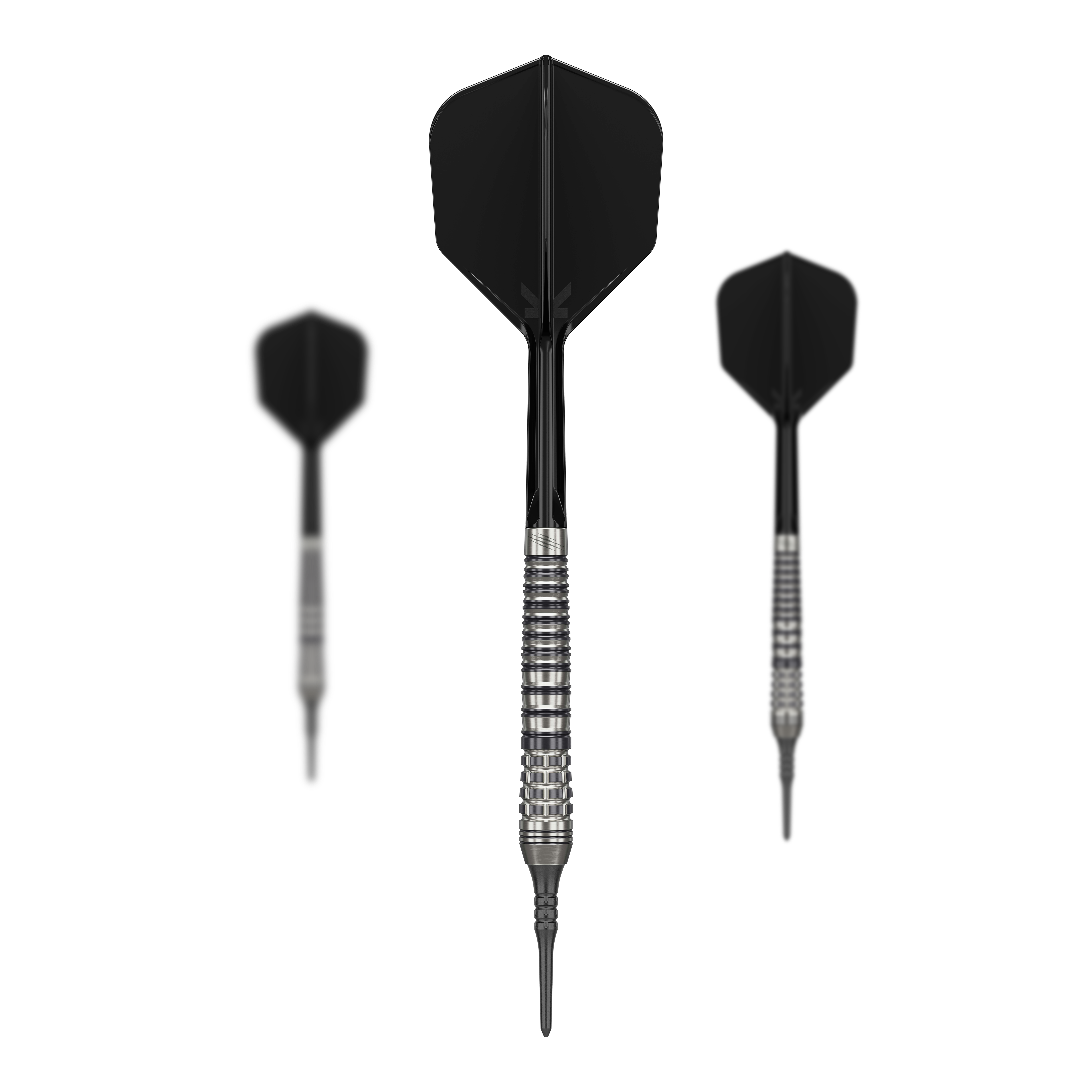 Das Bild zeigt drei schwarze Softdarts mit silbernem Griff. Es handelt sich um das Produkt "Target Japan Black Marque Renegade 4 Softdarts - 19g".