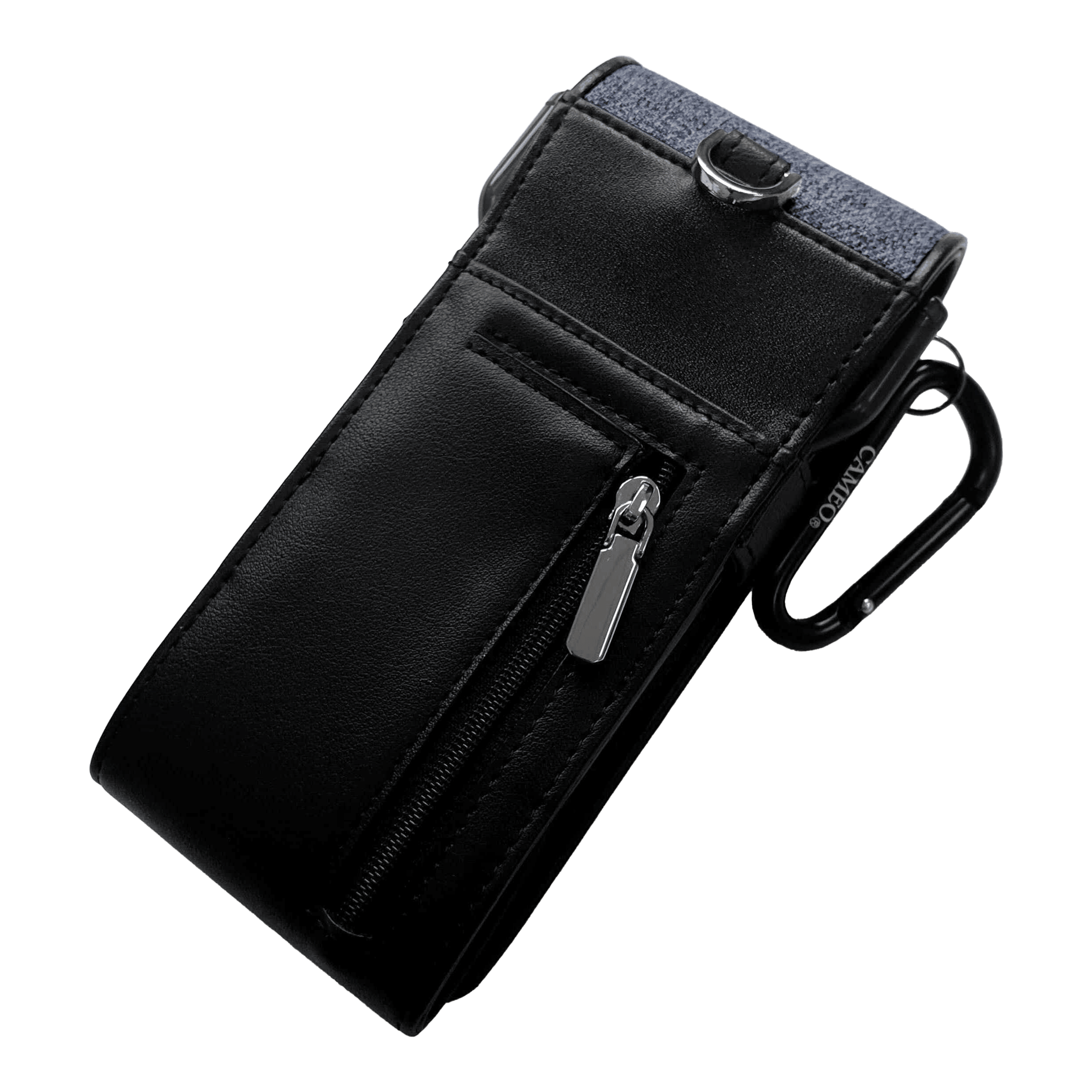 Pouzdro na šipky Cameo Thread Dies ist ein schwarzes Etui mit einem Reißverschlussfach auf der Vorderseite. Oben hat es einen blauen Stoffabschnitt und einen Metallclip zur Befestigung.