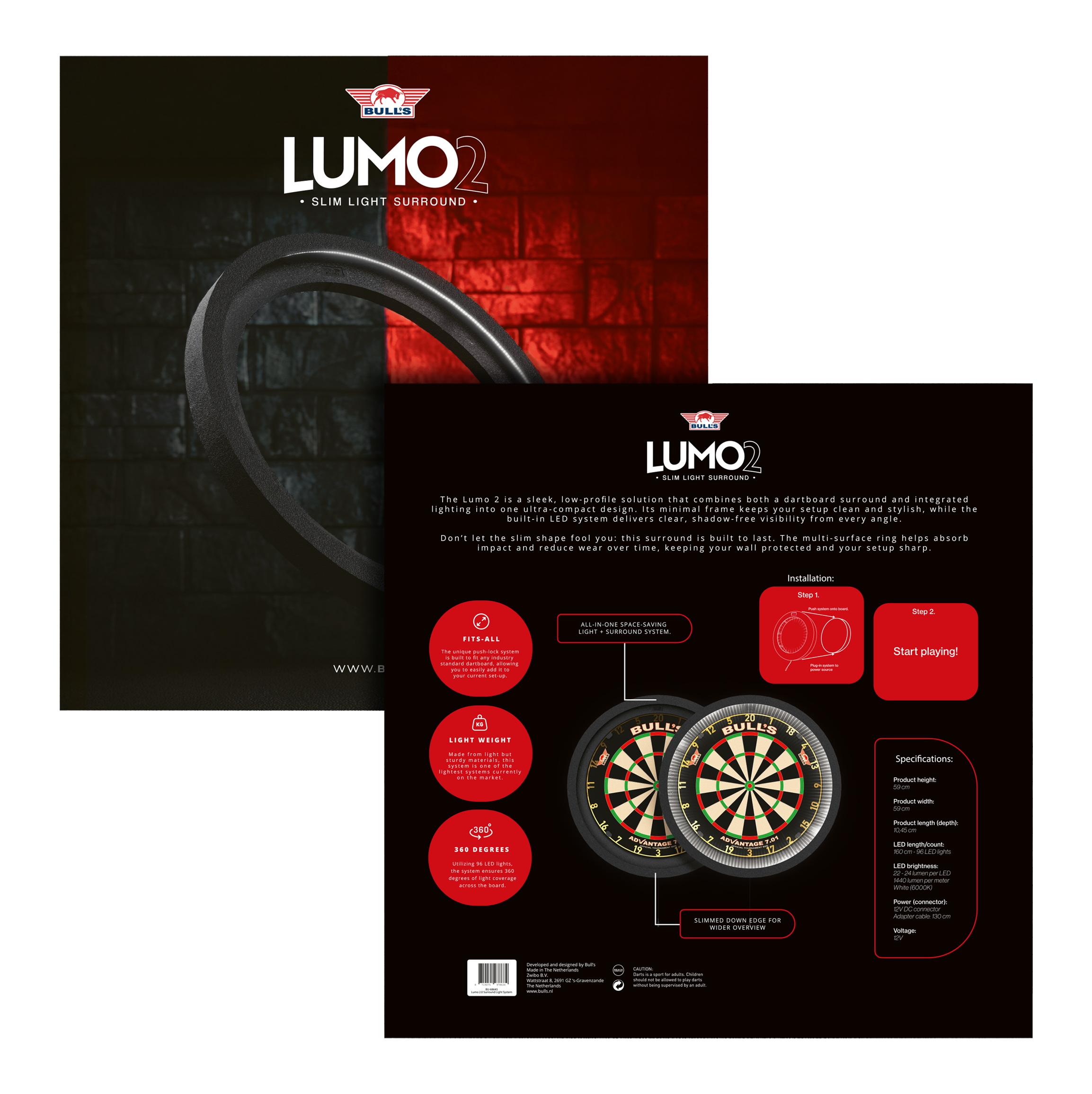 Das Bild zeigt das Produkt "Bulls NL Lumo 2 Light Surround Beleuchtungssystem" für Dartscheiben. Es kombiniert ein schlankes, rundes LED-Lichtsystem mit einem schützenden Surround für bessere Sicht und Schutz beim Dartspielen.