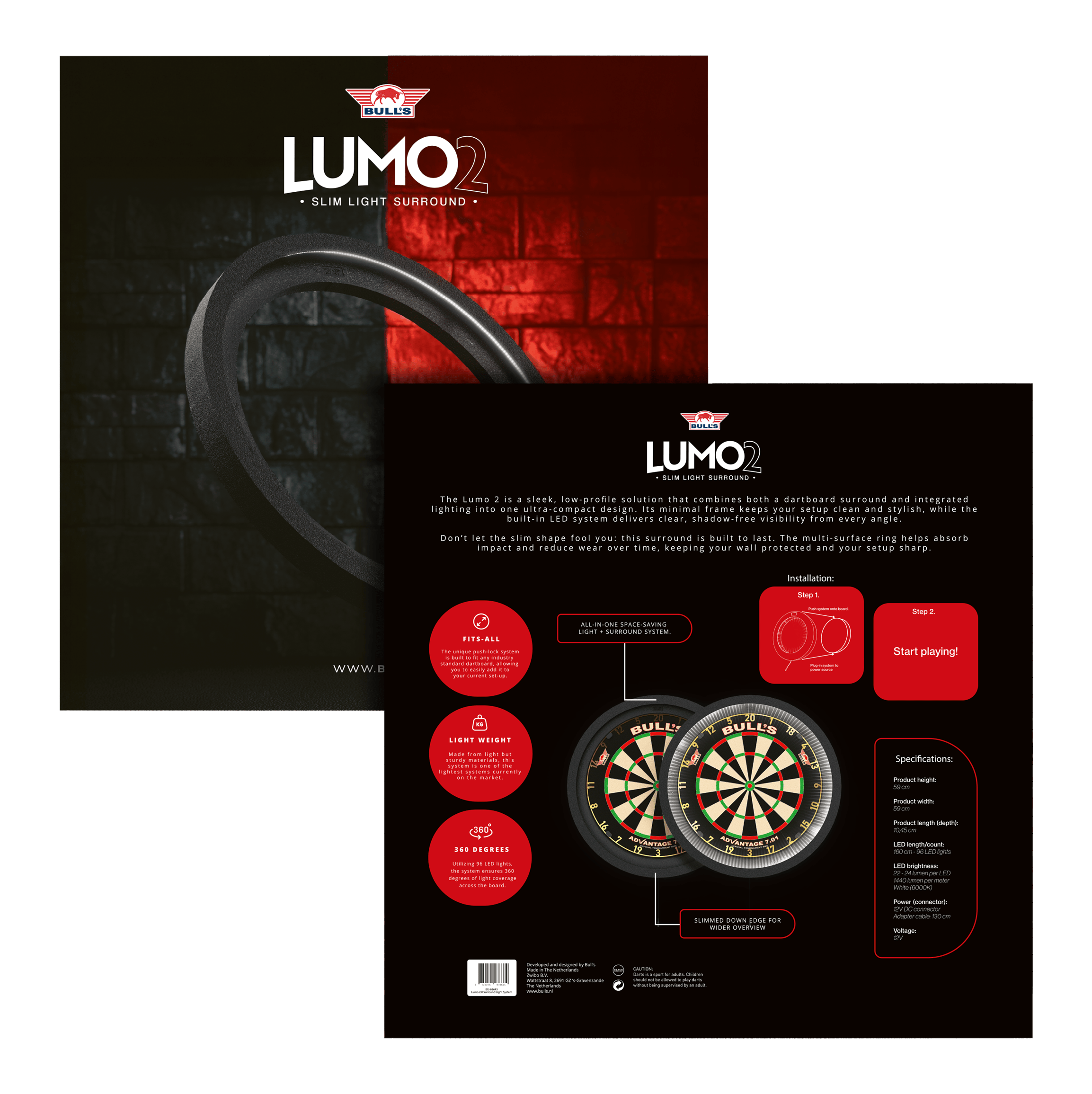 Systém prostorového osvětlení Bulls NL Lumo 2 Light Das Bild zeigt das Produkt "Bulls NL Lumo 2 Light Surround Beleuchtungssystem" für Dartscheiben. Es kombiniert ein schlankes, rundes LED-Lichtsystem mit einem schützenden Surround für bessere Sicht und Schutz beim Dartspielen.