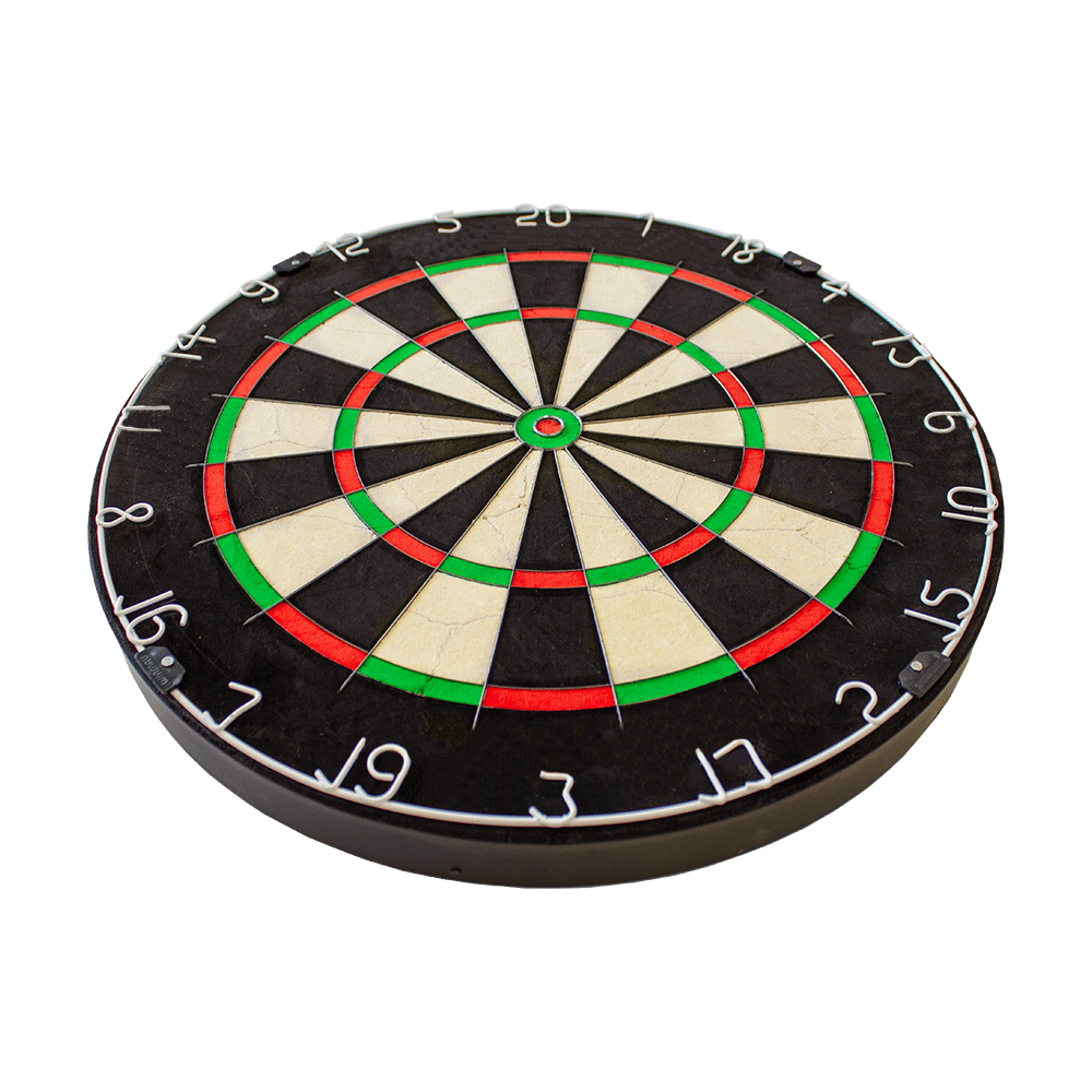 NPQ Steeldartboard Das Bild zeigt eine NPQ Steeldartboard-Dartscheibe. Sie ist rund und in verschiedene farbige Felder unterteilt, die zum Dartspielen verwendet werden.