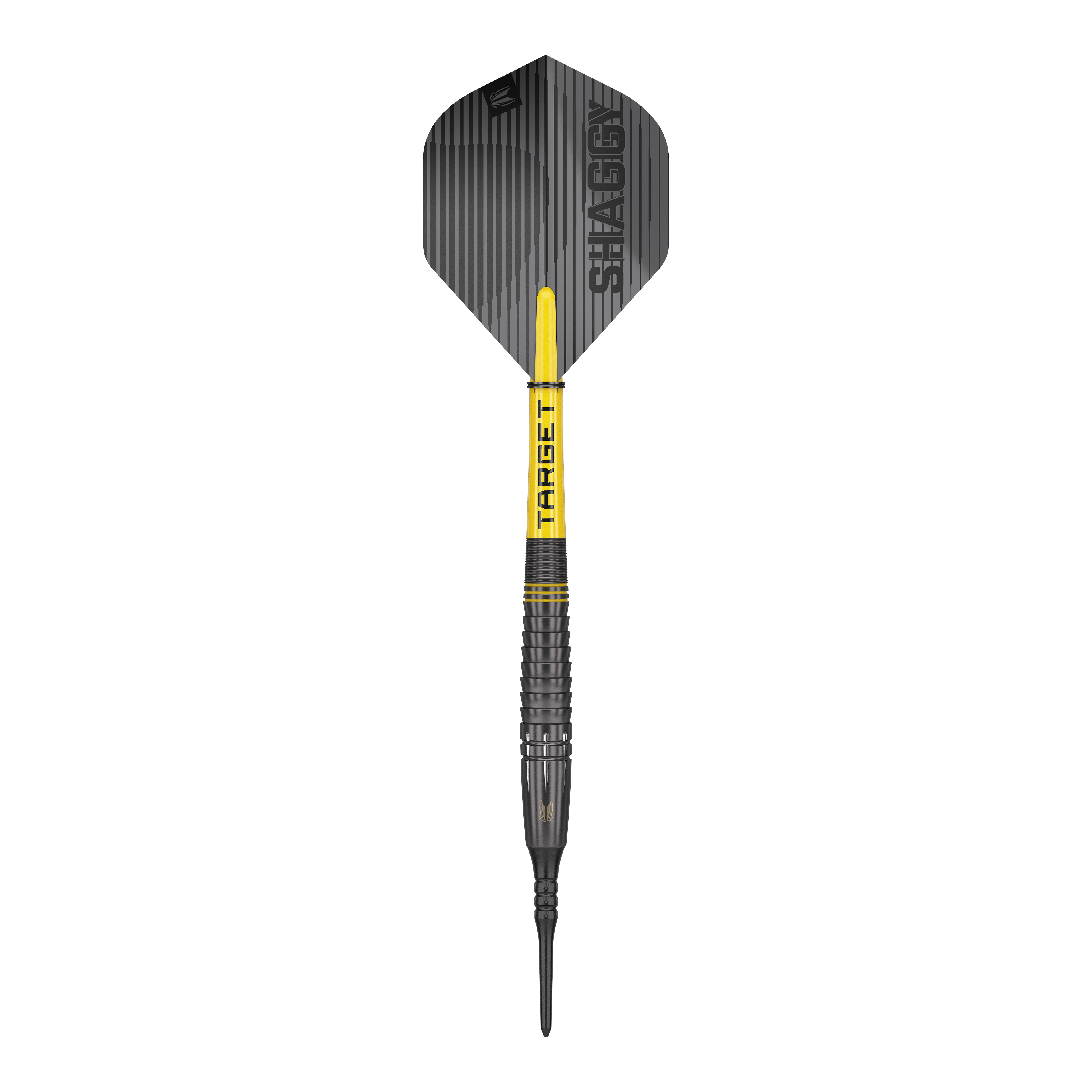 Šipky Target Scott Williams Shaggy Black Soft - 20g Dies ist ein Softdart namens "Target Scott Williams Shaggy Black Softdarts - 20g". Der Dart ist überwiegend schwarz mit gelben Akzenten und hat den Schriftzug "SHAGGY" auf der Flight.