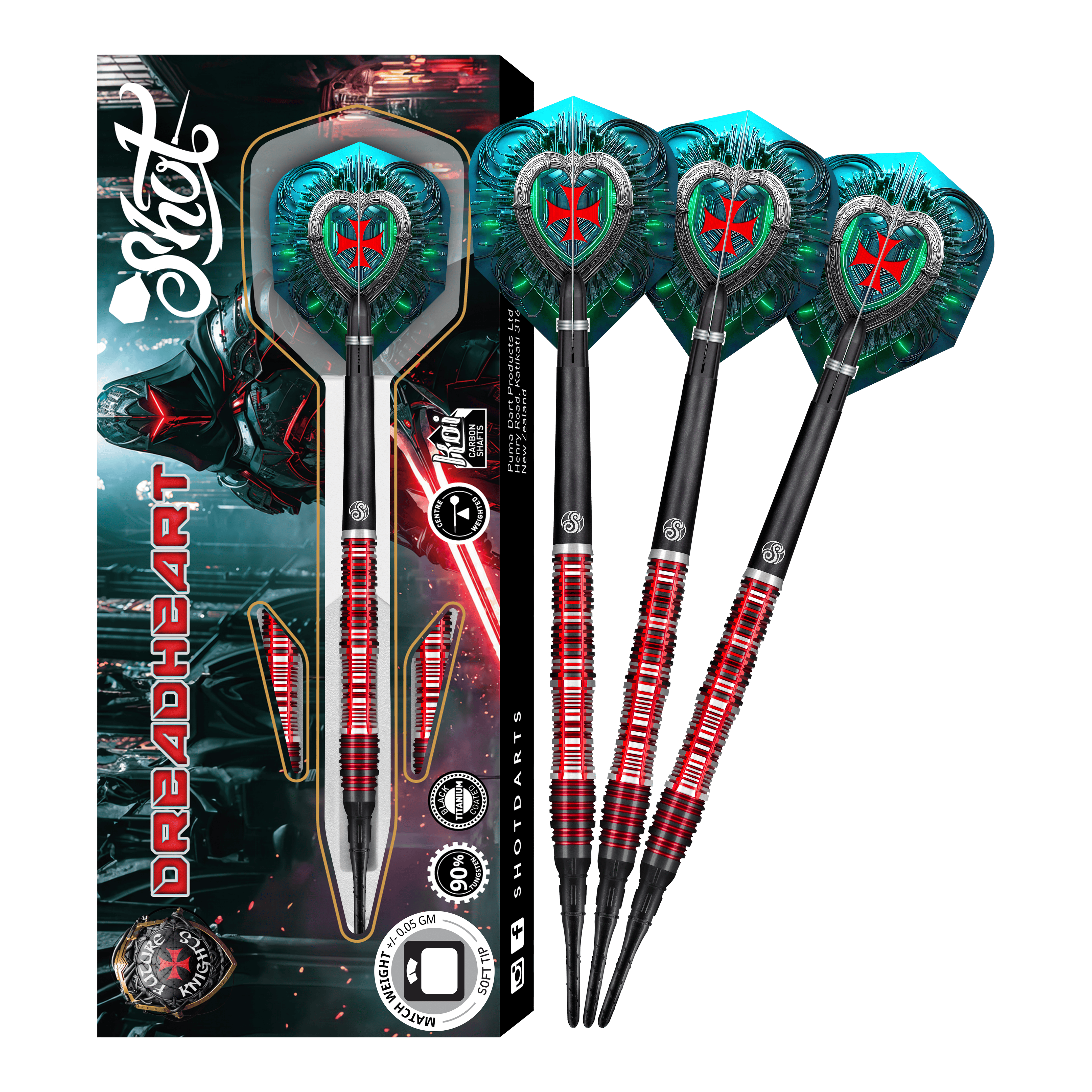 Das Bild zeigt die "Shot Future Knights Dreadheart Softdarts - 20g" zusammen mit ihrer Verpackung. Die Darts haben auffällige, rot-schwarze Designs und hochwertige Flights mit einem Kreuzmotiv.
