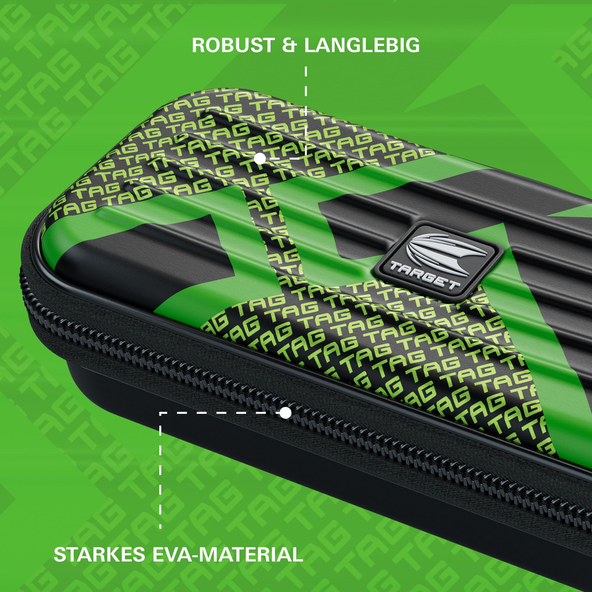 Pouzdro na šipky Target Takoma TAG Das Bild zeigt ein robustes Dartcase von Target in grünem Design mit dem Schriftzug "TAG". Die Tasche besteht aus starkem EVA-Material und ist als langlebig beschrieben.