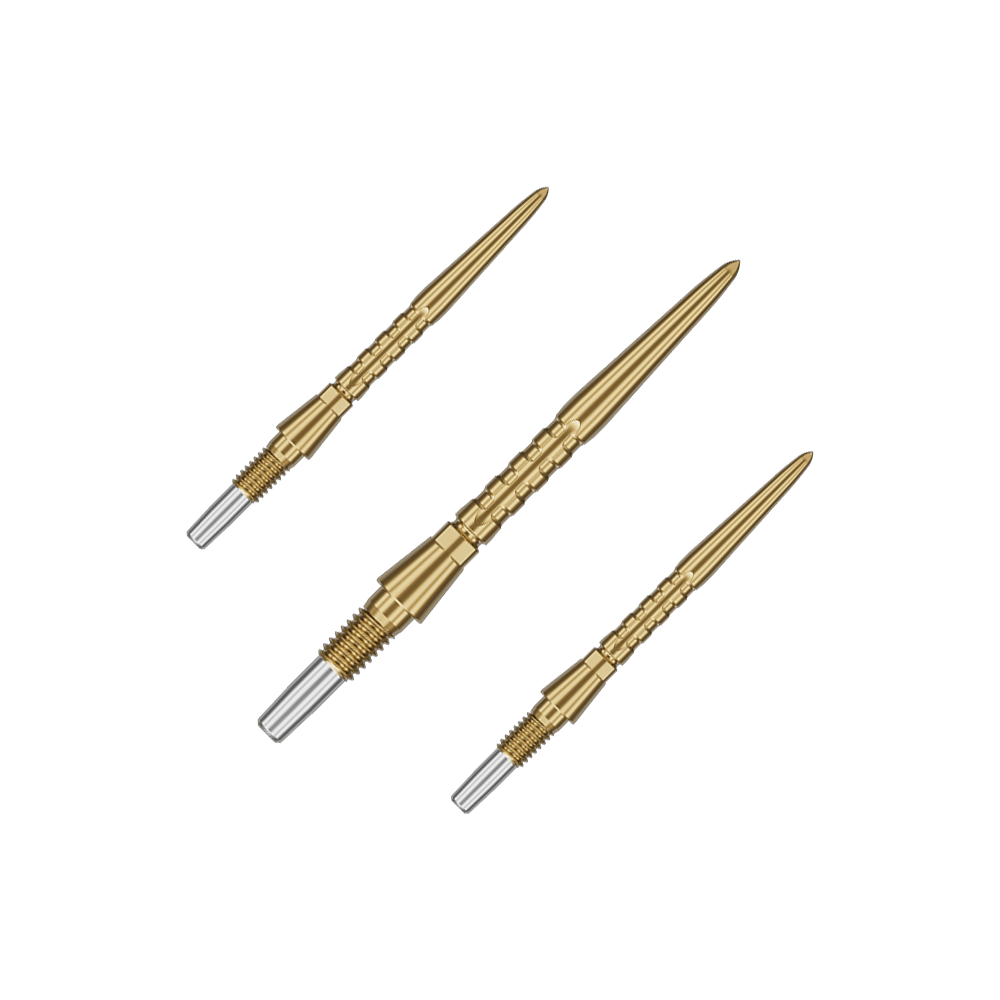 Ocelové hroty na šipky Target Swiss Point Storm Surge - zlaté Auf dem Bild sind drei goldene Steeldartspitzen zu sehen. Sie haben ein schlankes, geriffeltes Design mit einem silbernen Schraubgewinde am Ende.